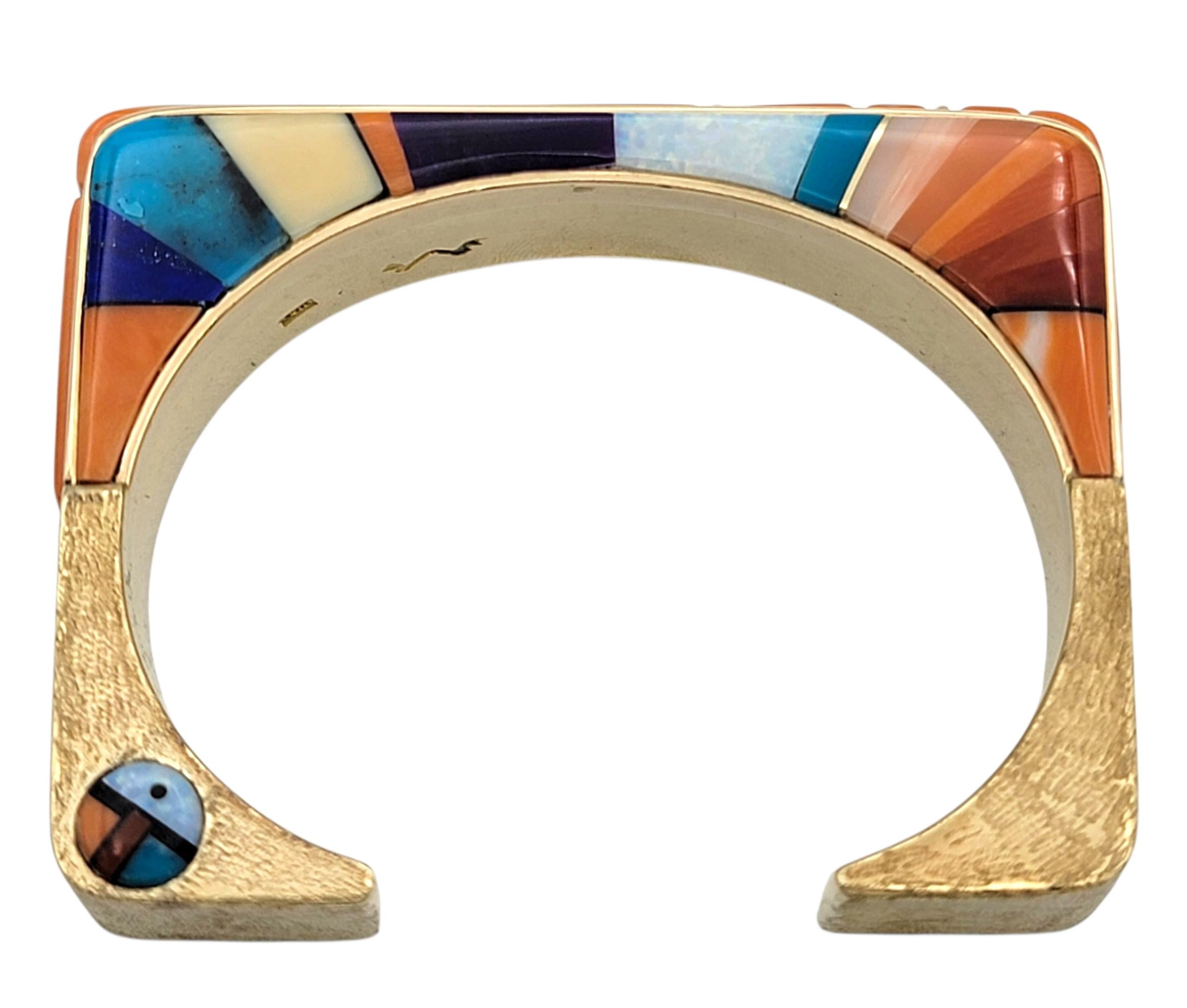 Single Cut Wes Willie Coral, Diamond and Multi-Gem Inlay Squared Cuff Bracelet in 14K Gold For Sale