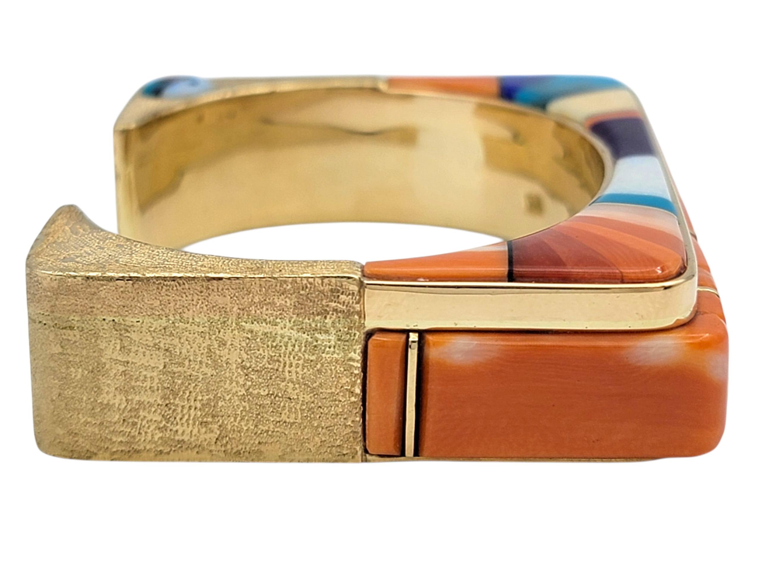 Women's Wes Willie Coral, Diamond and Multi-Gem Inlay Squared Cuff Bracelet in 14K Gold For Sale