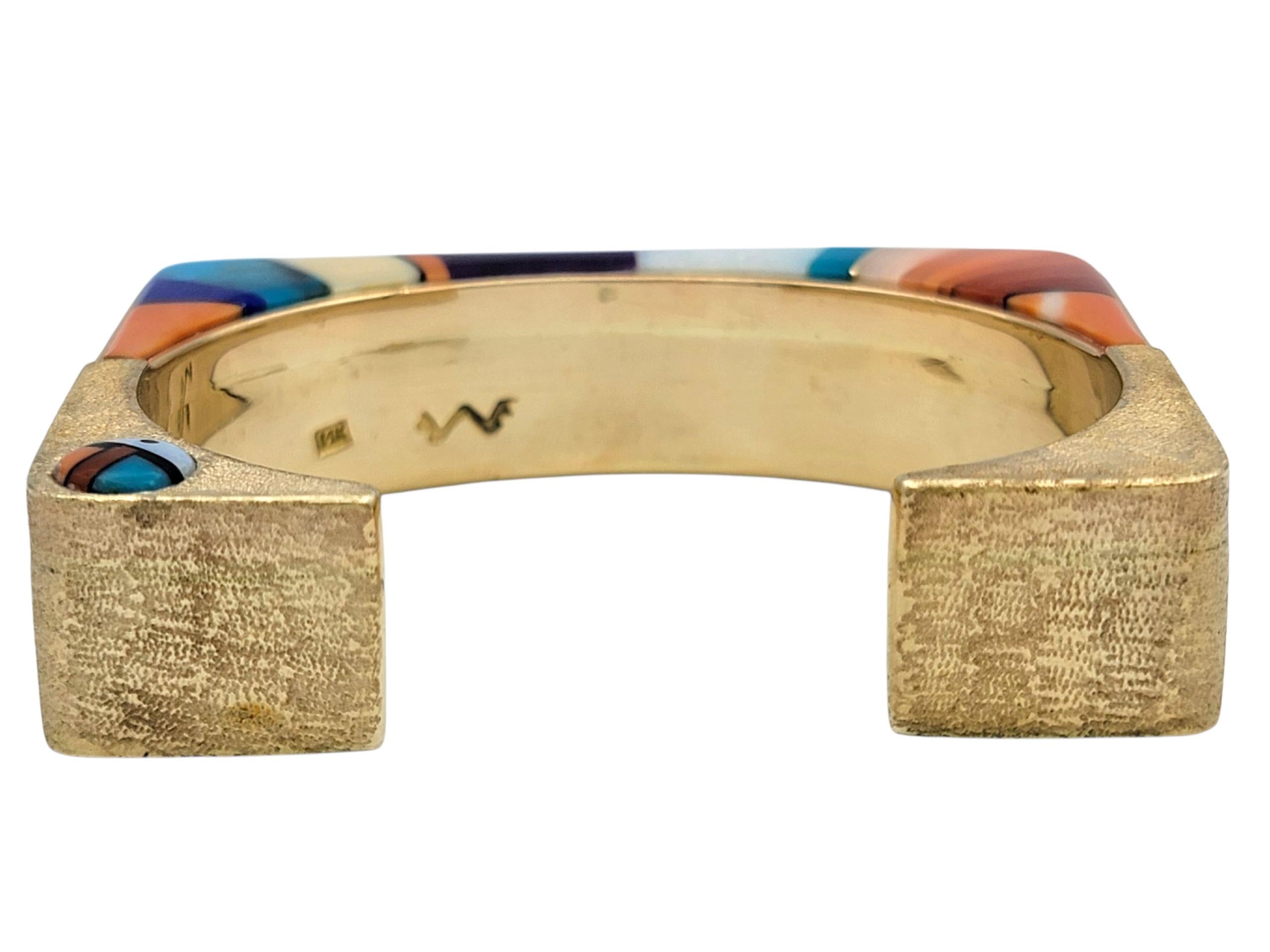 Wes Willie Coral, Diamond and Multi-Gem Inlay Squared Cuff Bracelet in 14K Gold For Sale 1