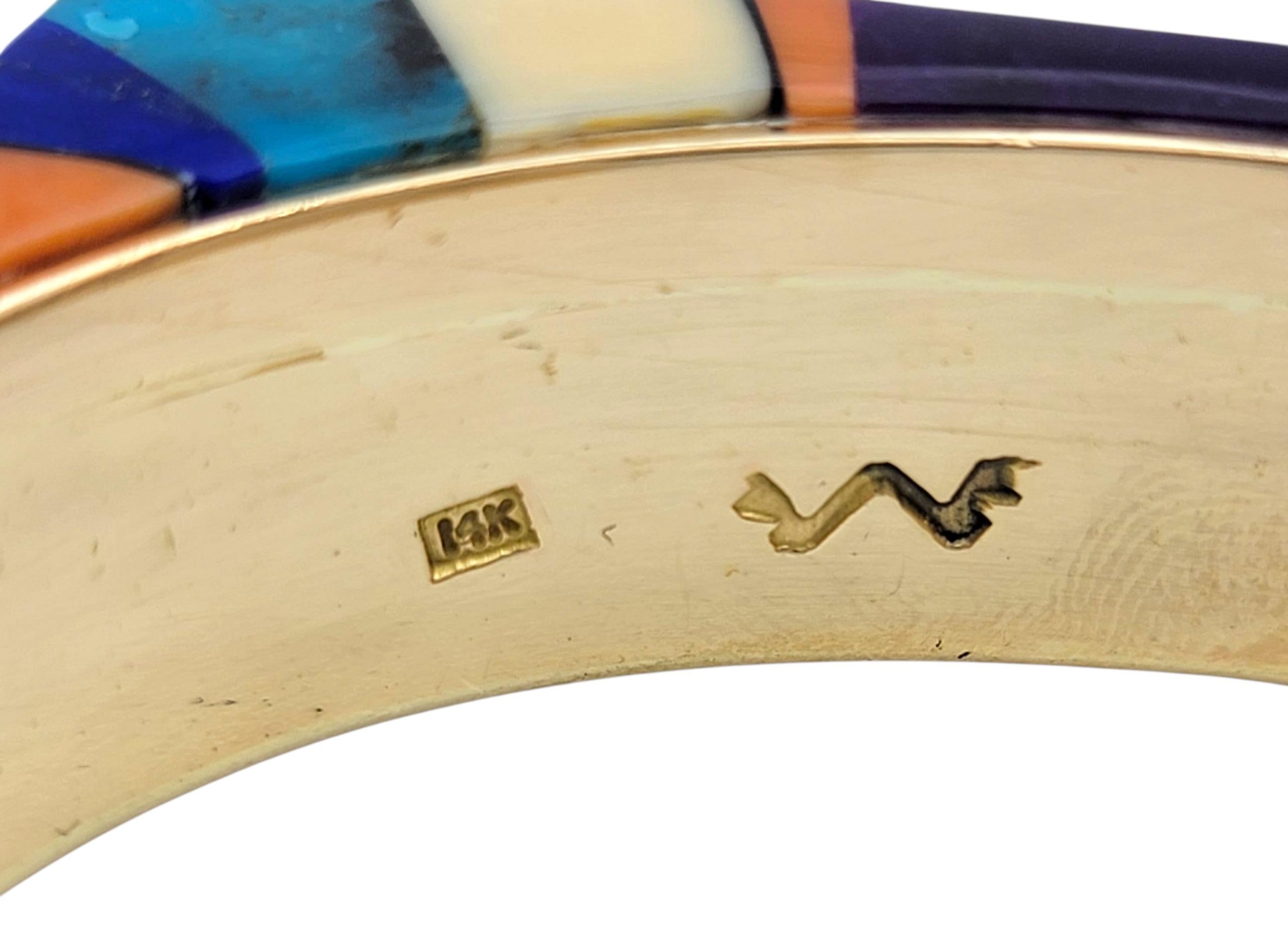 Wes Willie Coral, Diamond and Multi-Gem Inlay Squared Cuff Bracelet in 14K Gold For Sale 2