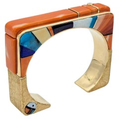 Wes Willie Coral, Diamond and Multi-Gem Inlay Squared Cuff Bracelet in 14K Gold