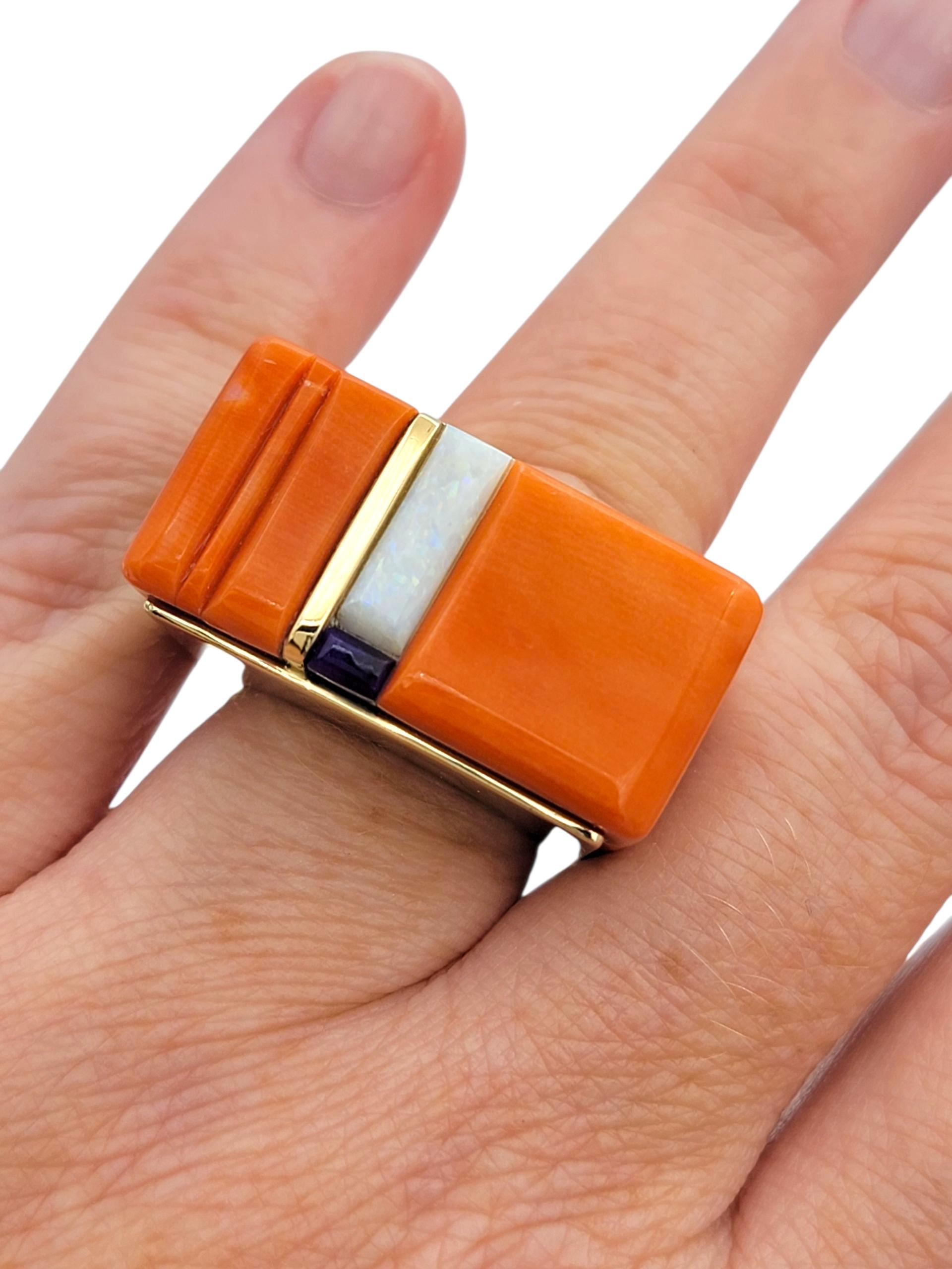 Wes Willie Bague incrustée de corail quadrillé, de sugilite, d'opale et de turquoise en or 14 carats en vente 5