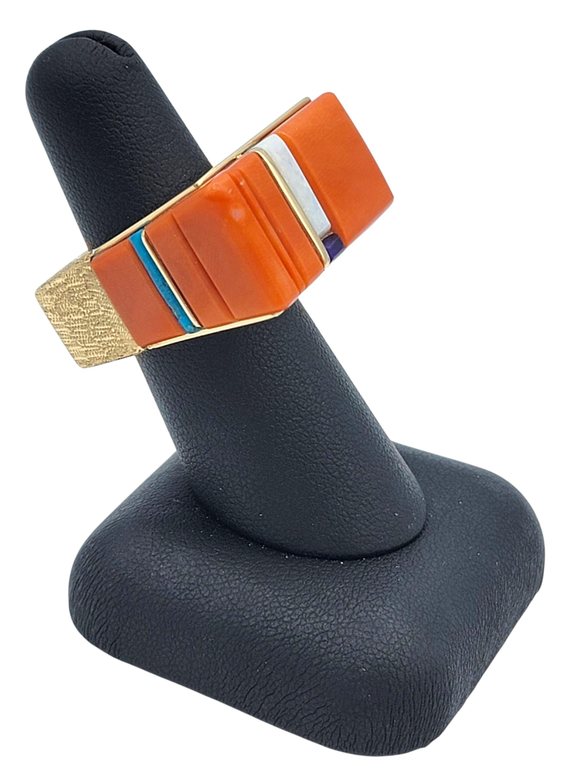 Wes Willie Bague incrustée de corail quadrillé, de sugilite, d'opale et de turquoise en or 14 carats en vente 8