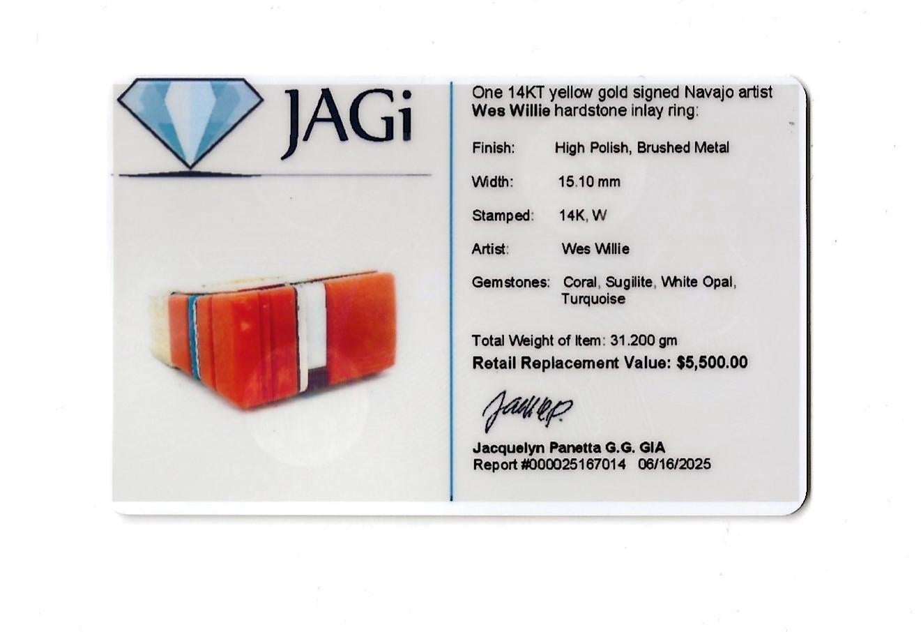 Wes Willie Bague incrustée de corail quadrillé, de sugilite, d'opale et de turquoise en or 14 carats en vente 9