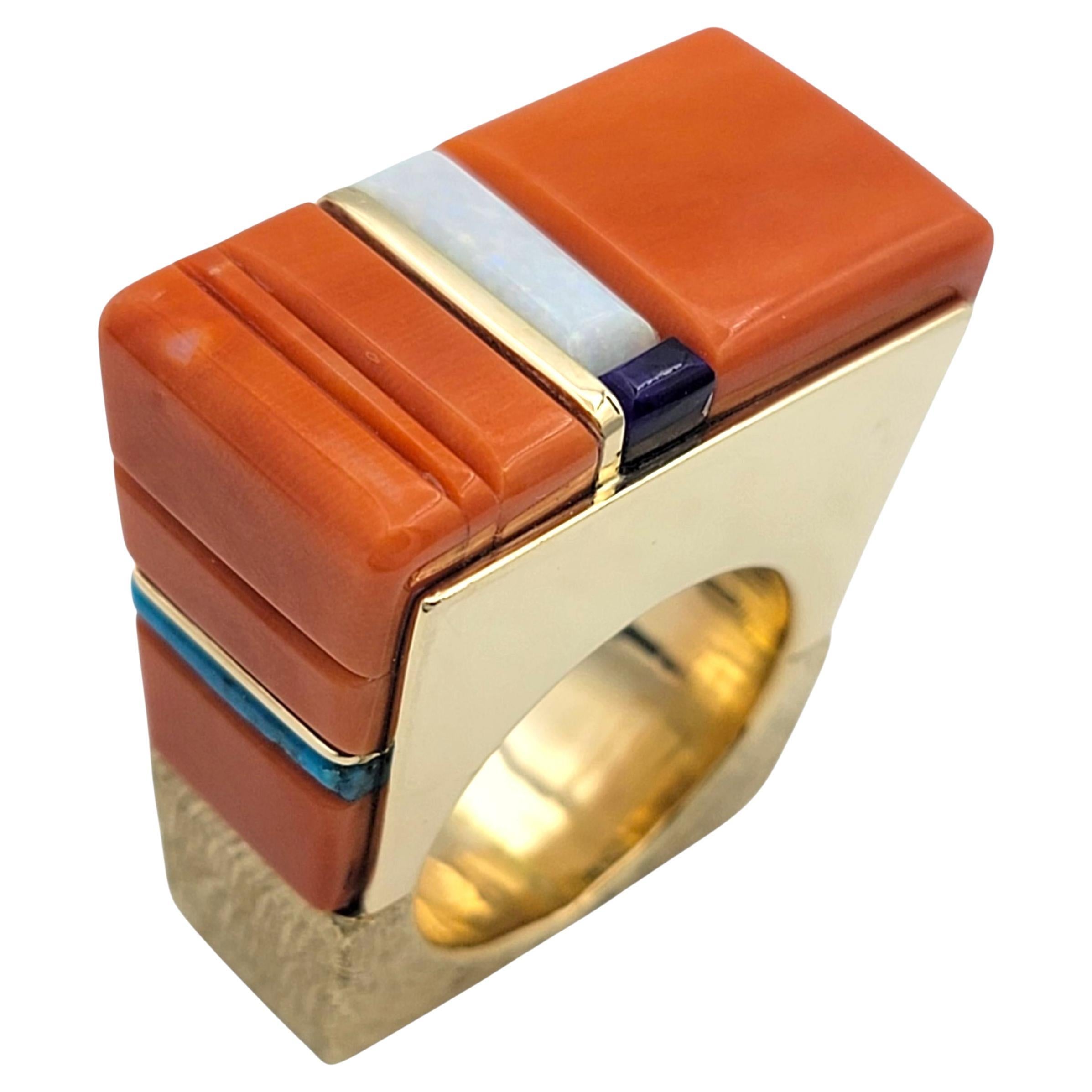 Wes Willie Bague incrustée de corail quadrillé, de sugilite, d'opale et de turquoise en or 14 carats en vente