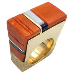 Wes Willie Bague incrustée de corail quadrillé, de sugilite, d'opale et de turquoise en or 14 carats
