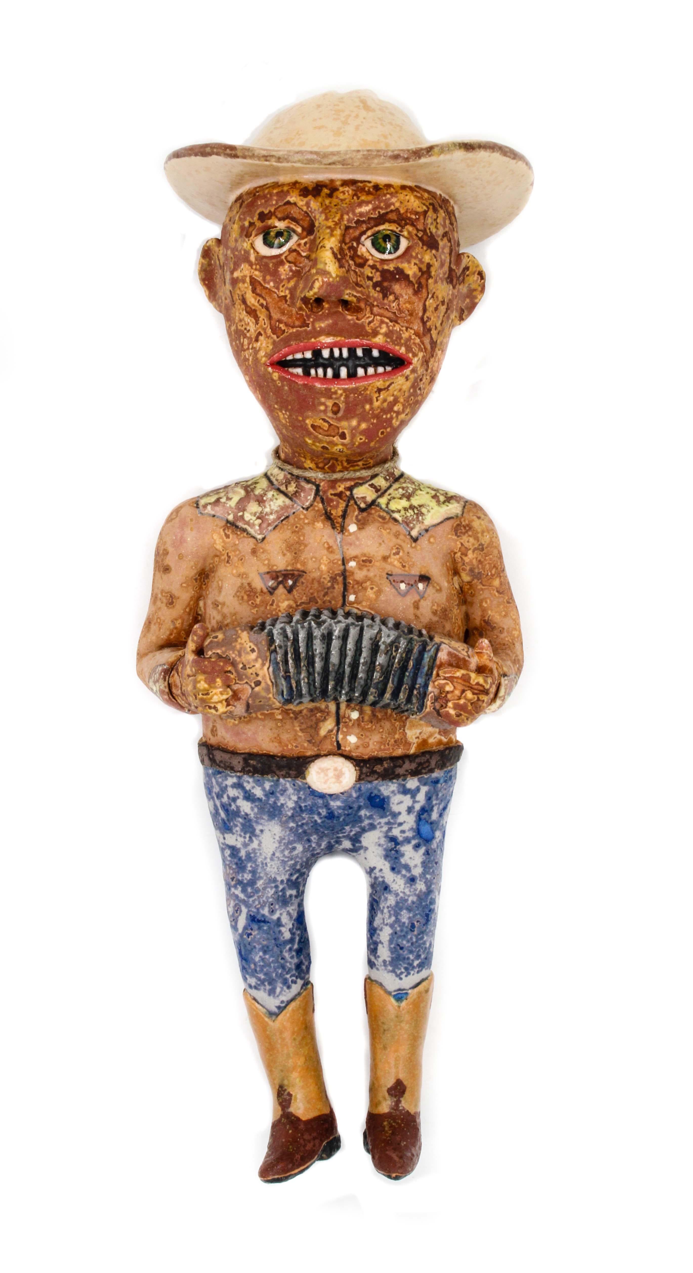 Wesley Anderegg Figurative Sculpture - Accordion Man "Flaco", 2018, ceramic earthenware sculpture