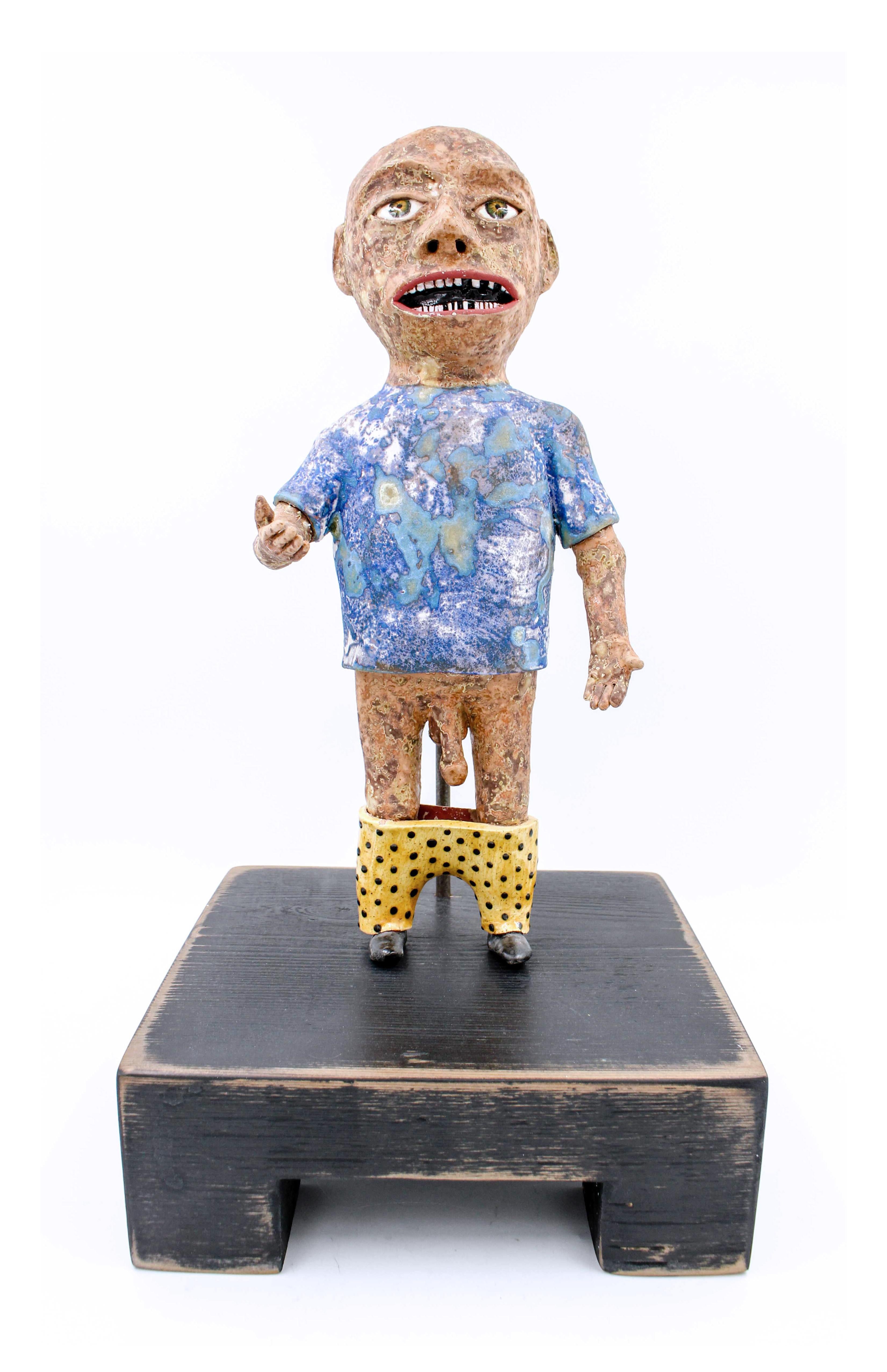 Wesley Anderegg Figurative Sculpture - Caught with Pants Down, 2018, ceramic