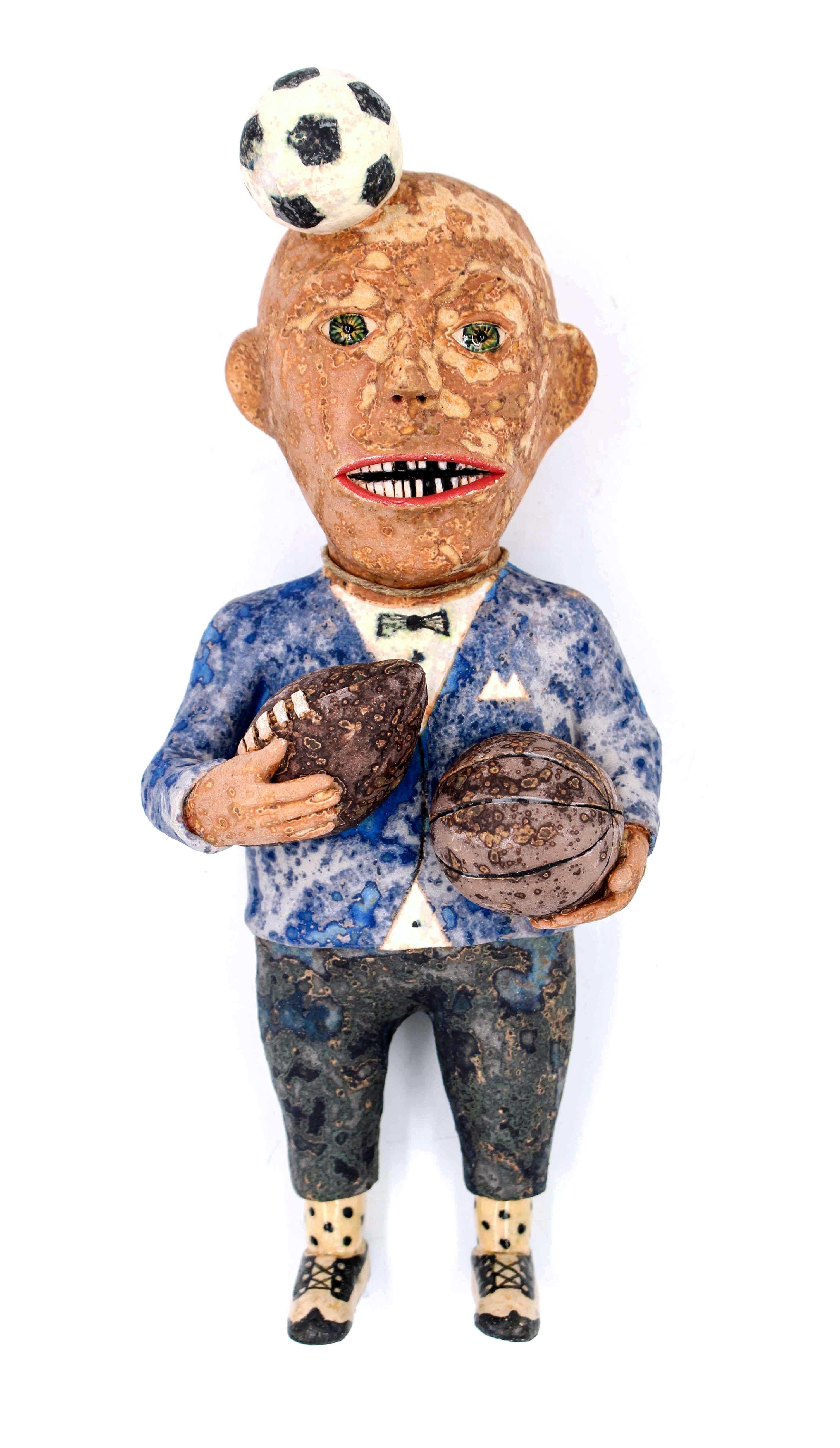 Wesley Anderegg Figurative Sculpture - Finally a Man with Balls, 2018, ceramic earthenware sculpture