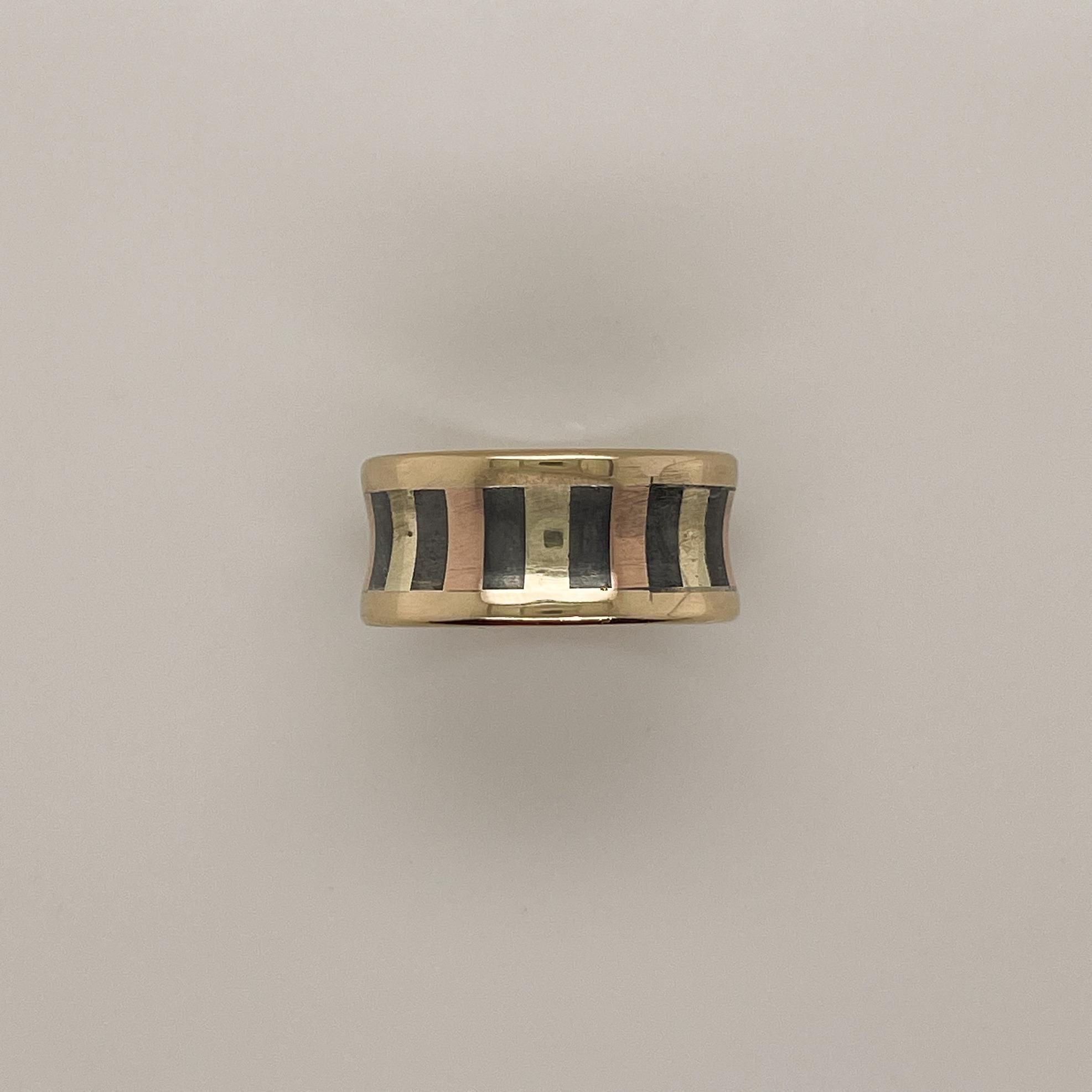 Modernist Wesley Emmons Mixed Metals 14 Karat Yellow Gold, Rose Gold and Silver Band Ring For Sale
