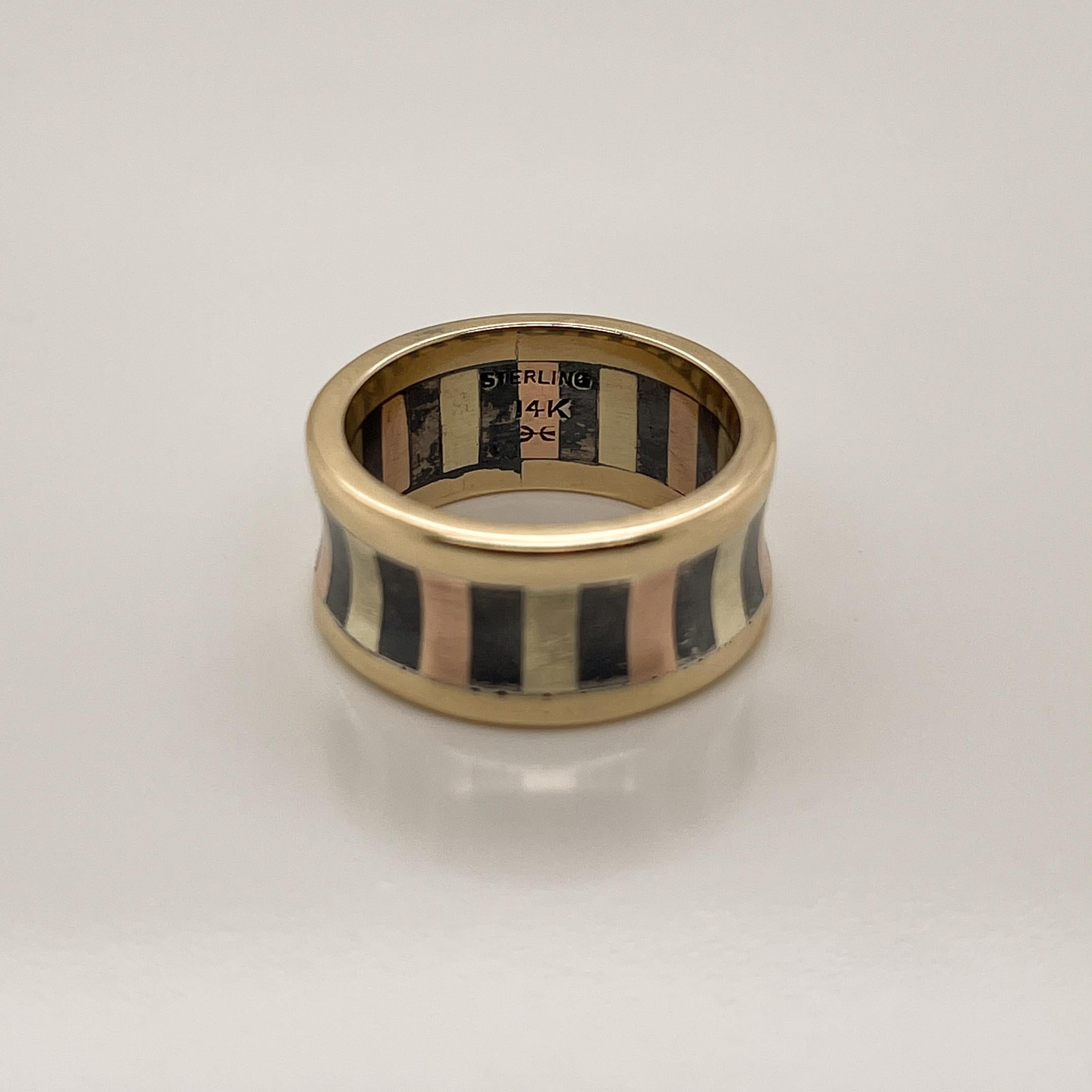 Women's or Men's Wesley Emmons Mixed Metals 14 Karat Yellow Gold, Rose Gold and Silver Band Ring For Sale