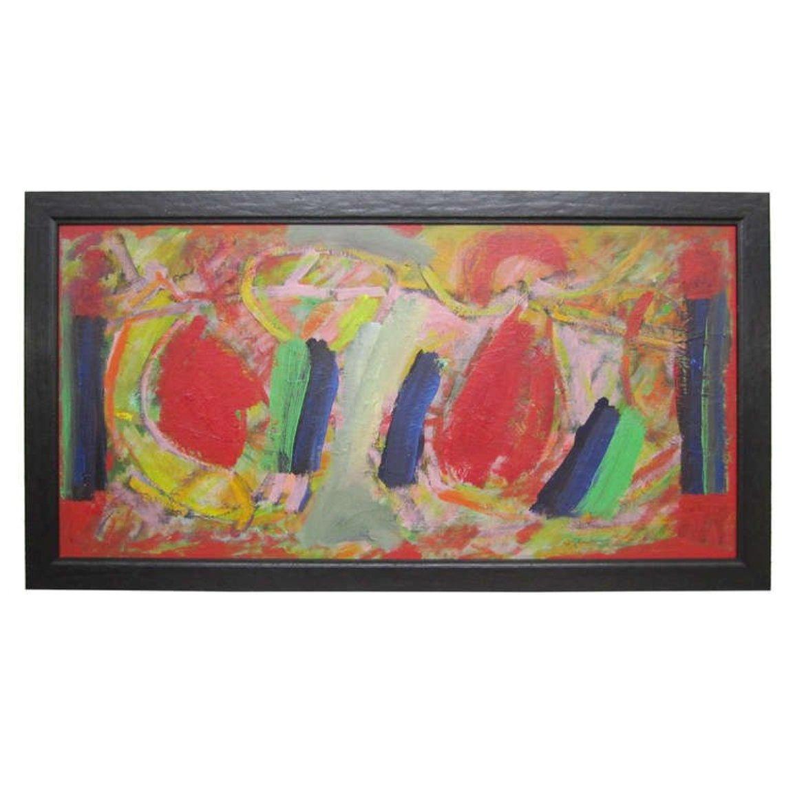 Painting by California artist Wesley Johnson featuring strong concentrations of red, blue, lime green against a playful yet strong background. This piece rests in a black wooden frame and is signed. Johnson, elusive yet well-known along the West