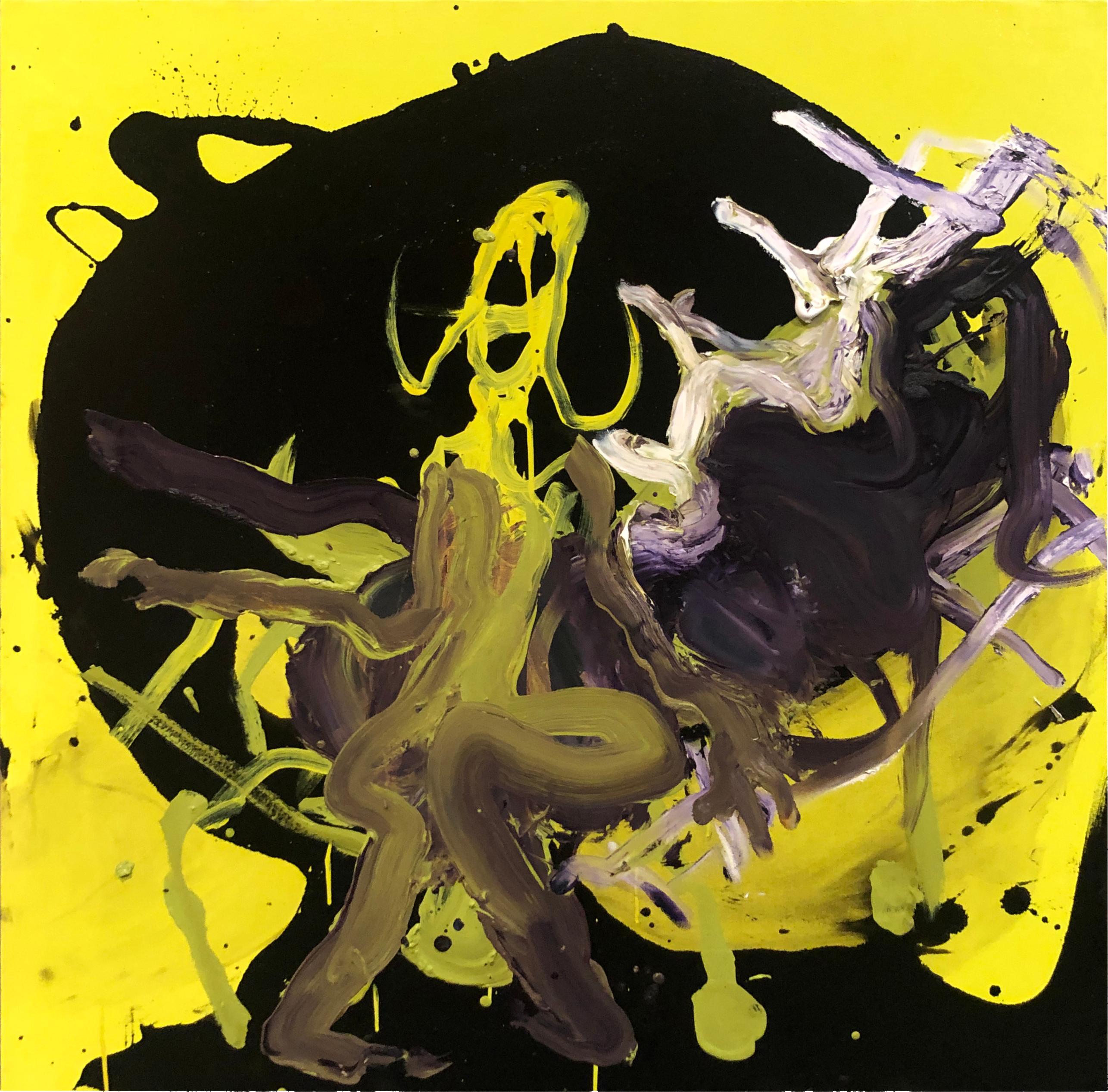 Wesley Kimler Abstract Painting - Figure - Original Abstract Oil Painting, Bright Yellow and Black with Figures