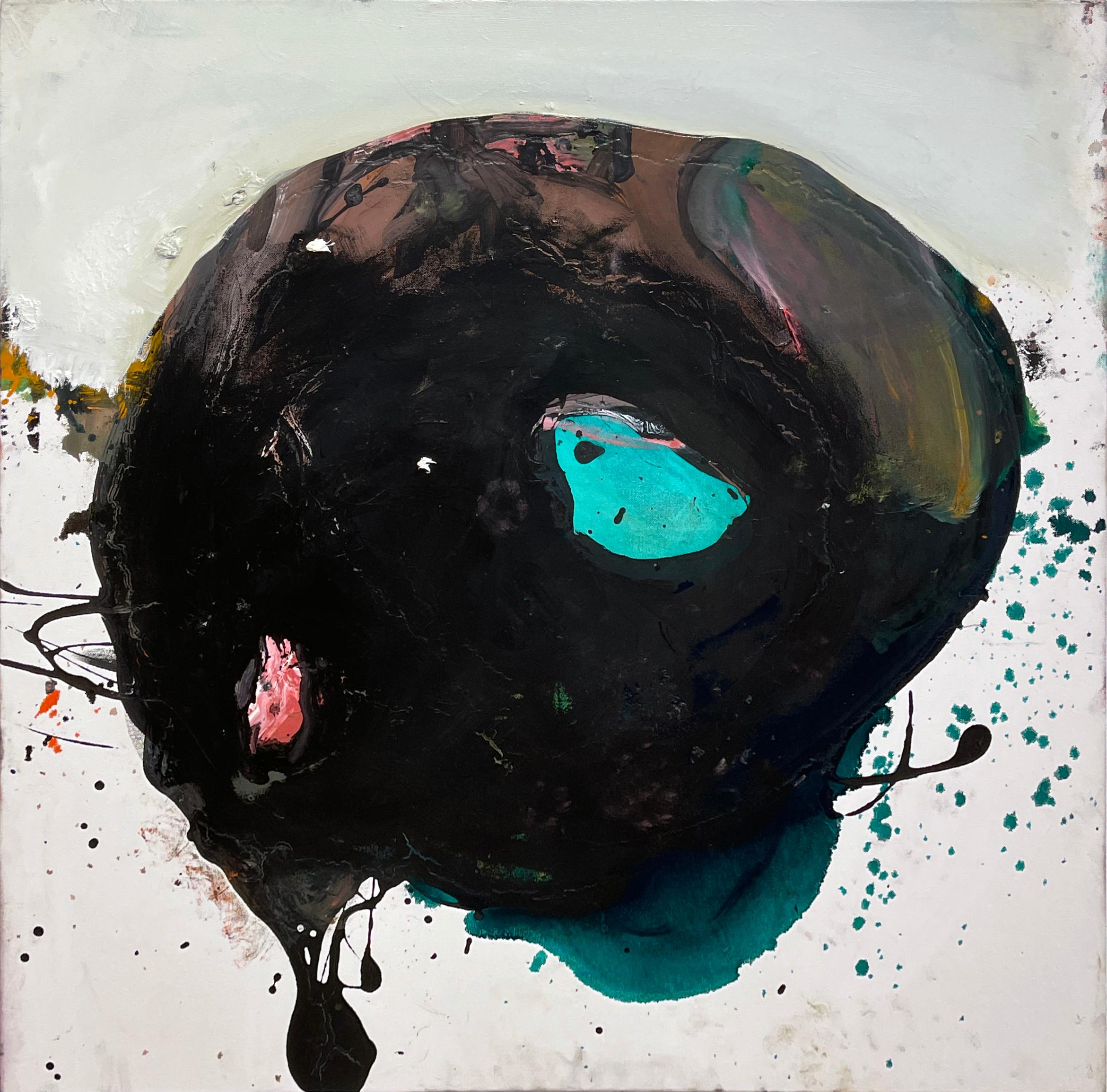 Wesley Kimler Figurative Painting - Black Blizzard, Abstract Figure, Black, Turquoise and Red Amorphous Drip Shapes