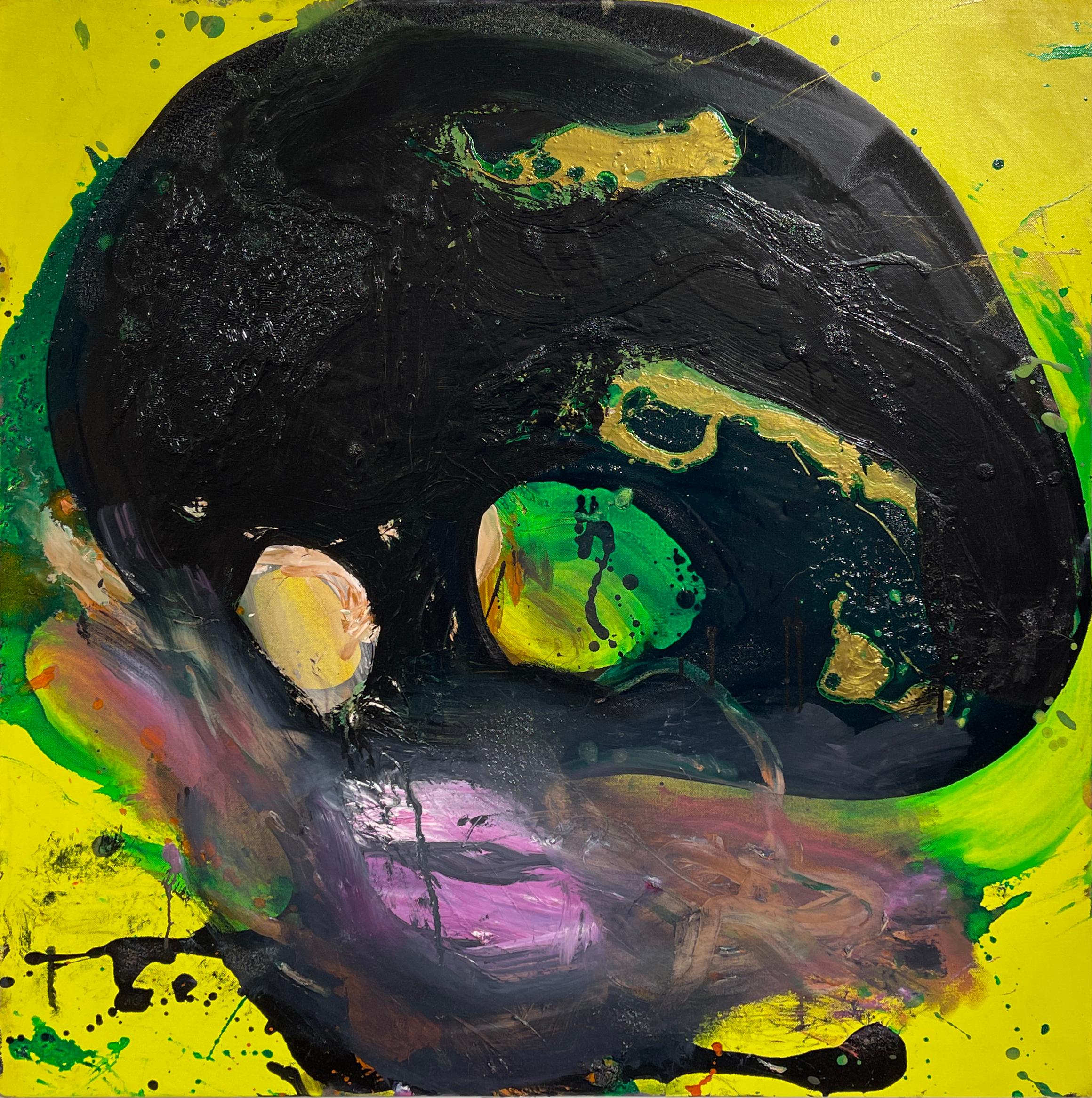 Wesley Kimler Figurative Painting - Blob Head, Original Abstract Oil Painting,  Figure w Bright Yellow, Green 
Pink