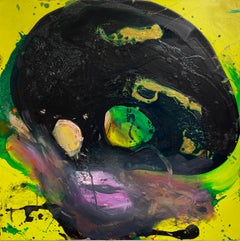 Blob Head, Original Abstract Oil Painting,  Figure w Bright Yellow, Green & Pink