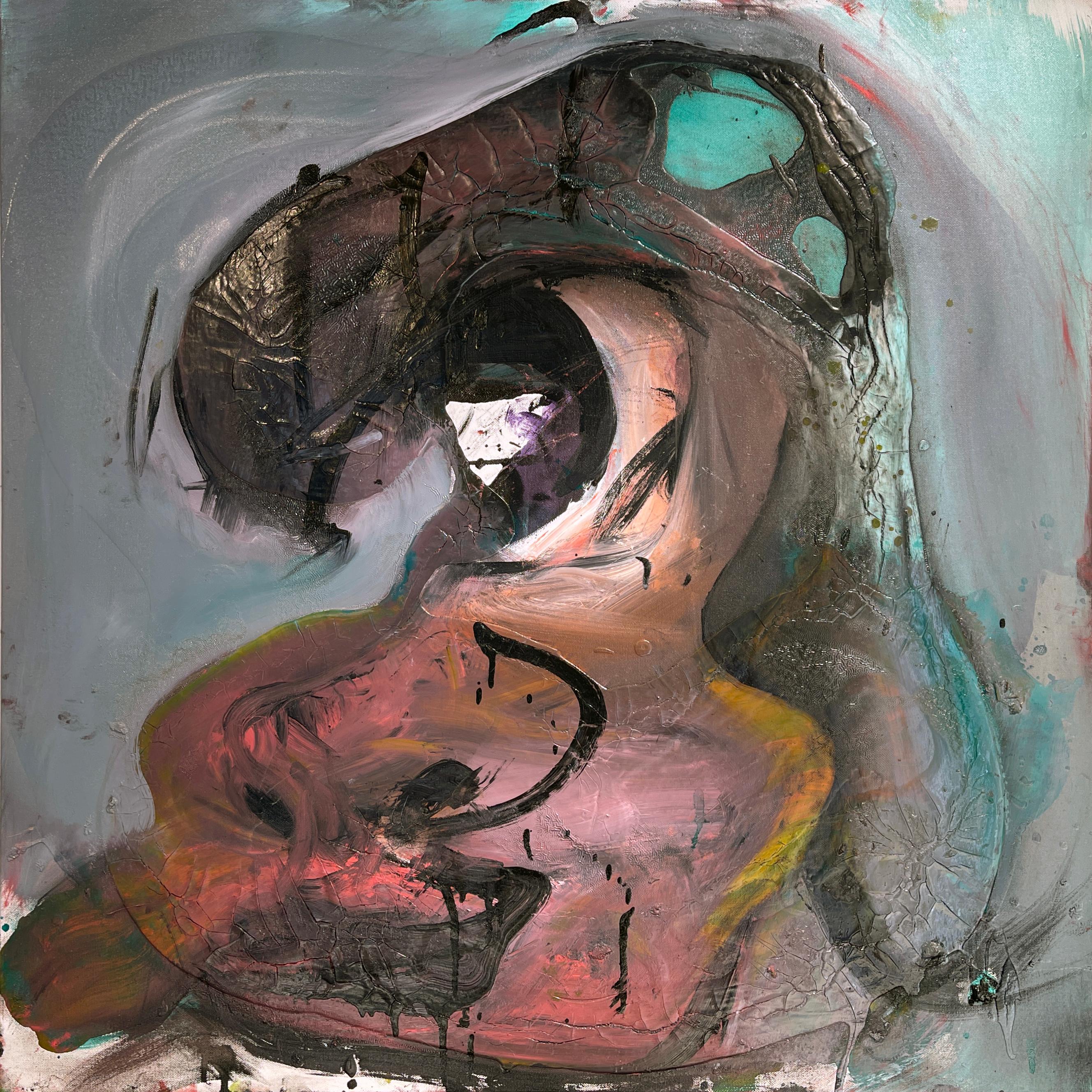  Cartoon Head, Abstract Oil Painting, Figure with Shades of Aqua, Gray & Brown 