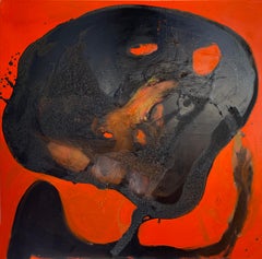 Red Monster - Black Abstract Figure on Red Background, Original Oil Painting