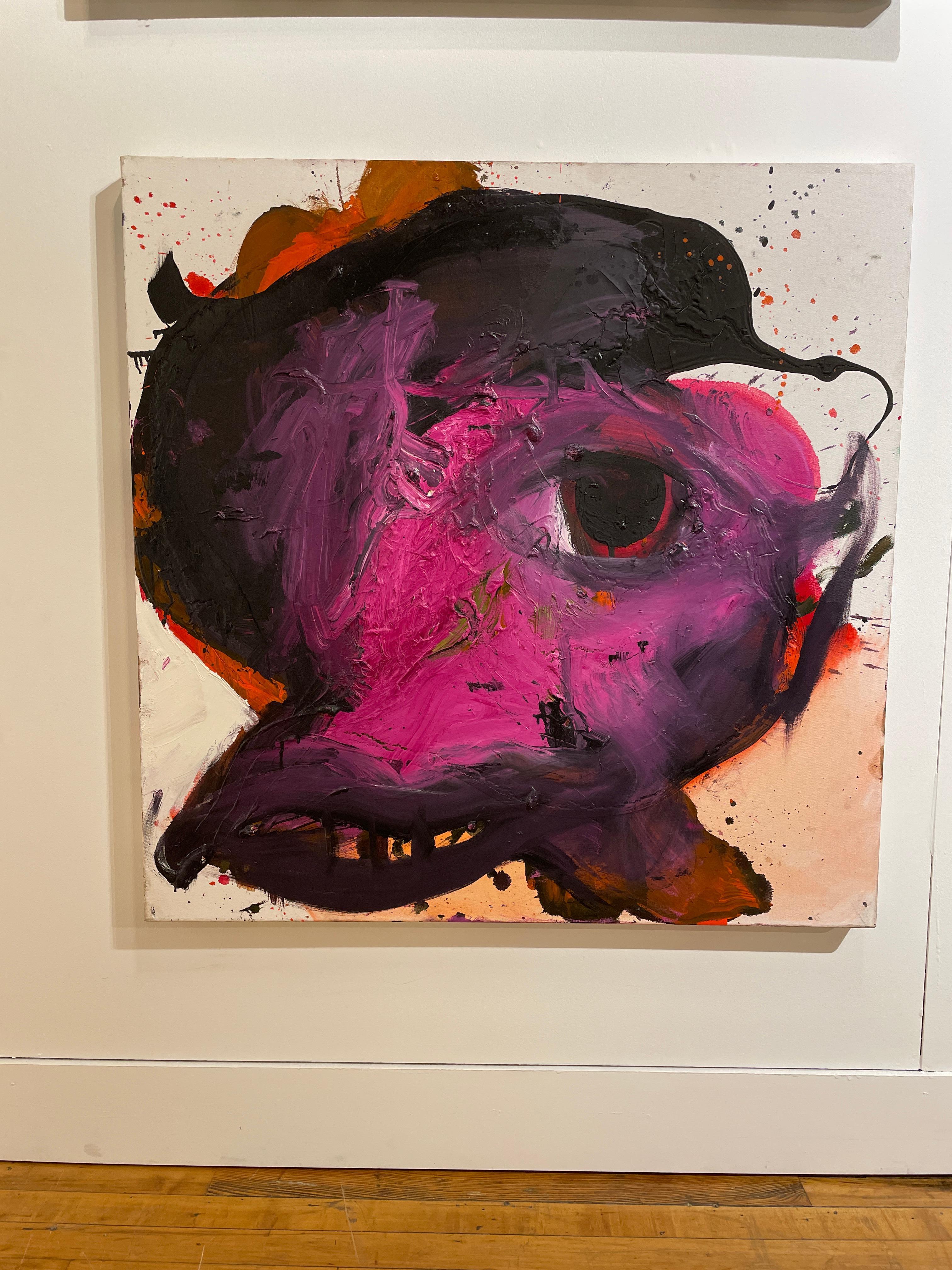  The Pink Musketeer, Black Abstract Figure with Bright Fuchsia, Red, and Orange - Painting by Wesley Kimler