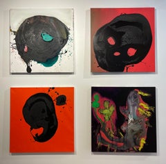 Untitled - Original Abstract Oil Painting Black Figure on Bright Red Background