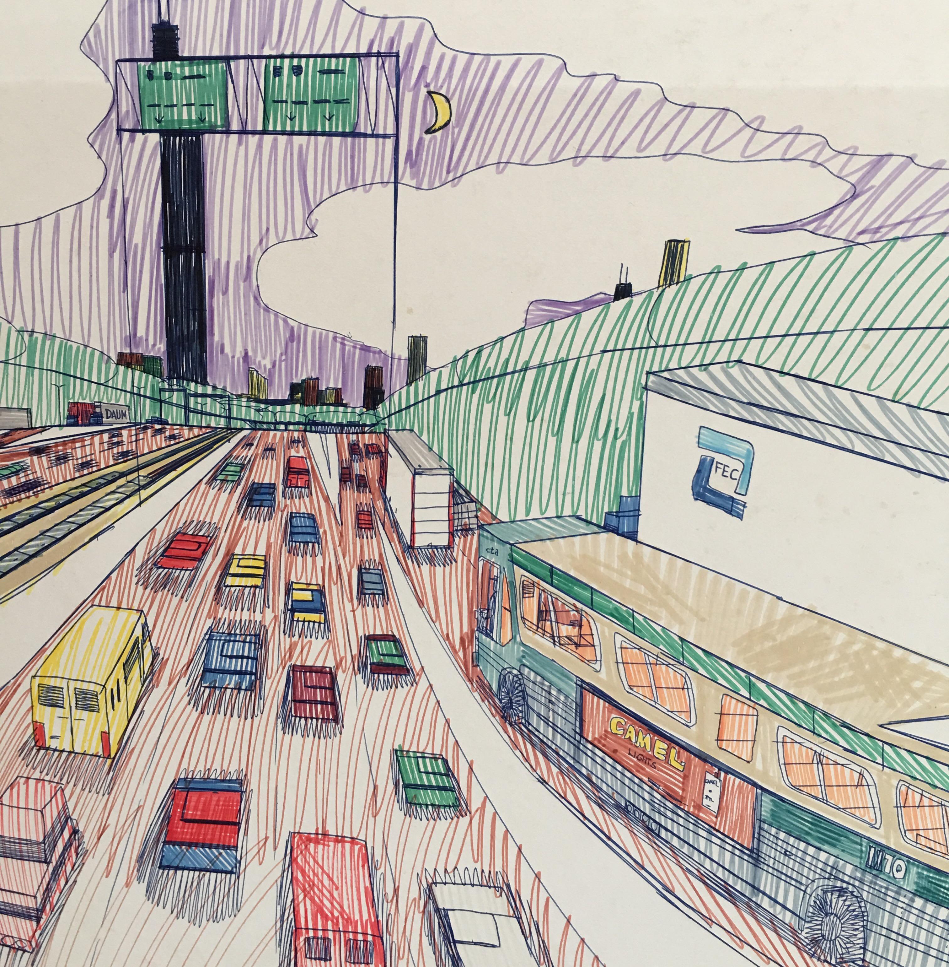 American Wesley Willis Artwork '1963-2003' Dan Ryan Expressway Past 51st Towards 47th