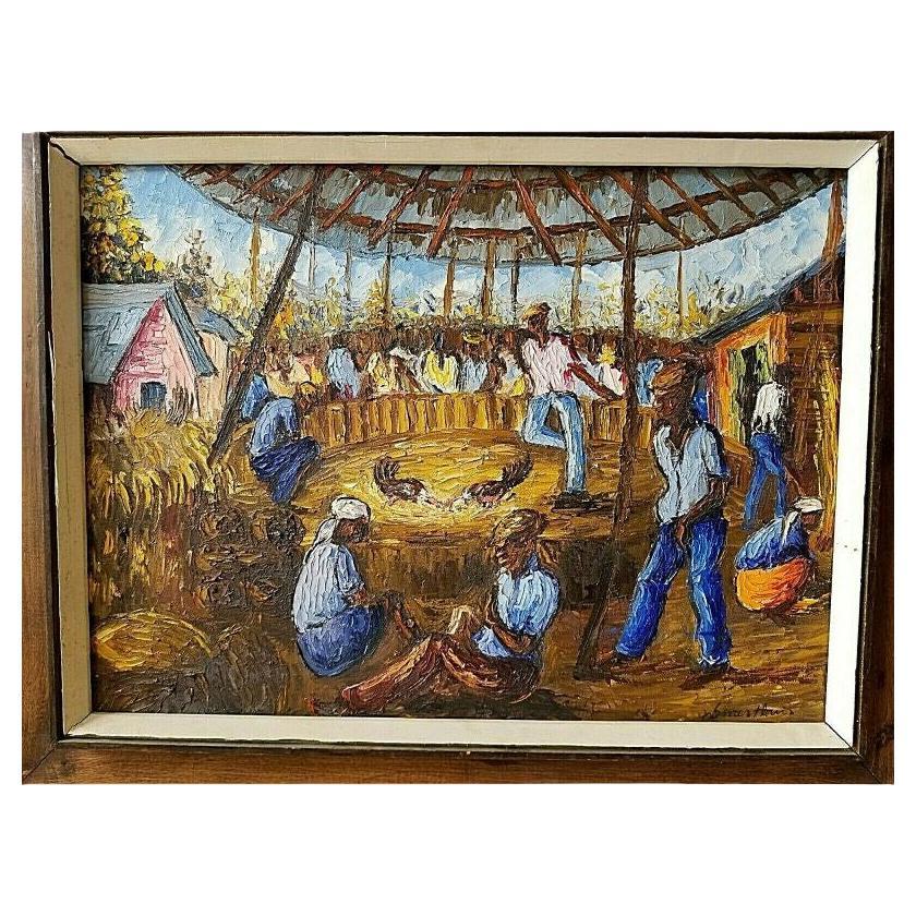 Offering One Of Our Recent Palm Beach Estate Fine Art Acquisitions Of A
Signed Original WESNER PIERRE-LOUIS (Haitian 1948-) Oil Painting of Cock Fight

Wesner Pierre-Louis was born on December 1, 1948. He started painting at a very early age. His