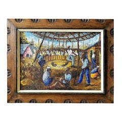 Vintage Wesner Pierre-Louis 'Haitian 1948' Oil Painting of Cock Fight