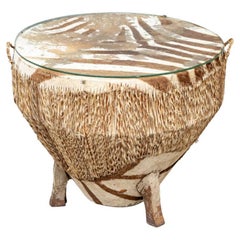 West African Djembe Antelope Skin Drum Table with Glass Top