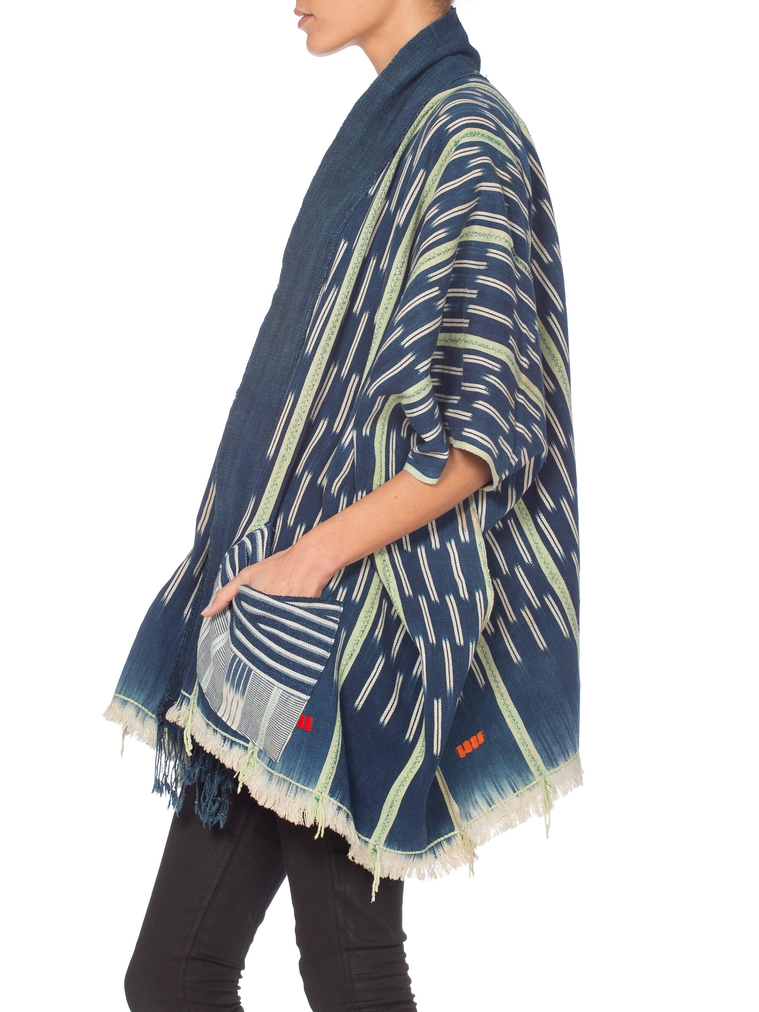 MORPHEW COLLECTION Indigo Blue & Green Cotton Handwoven African Oversized Ponch 5