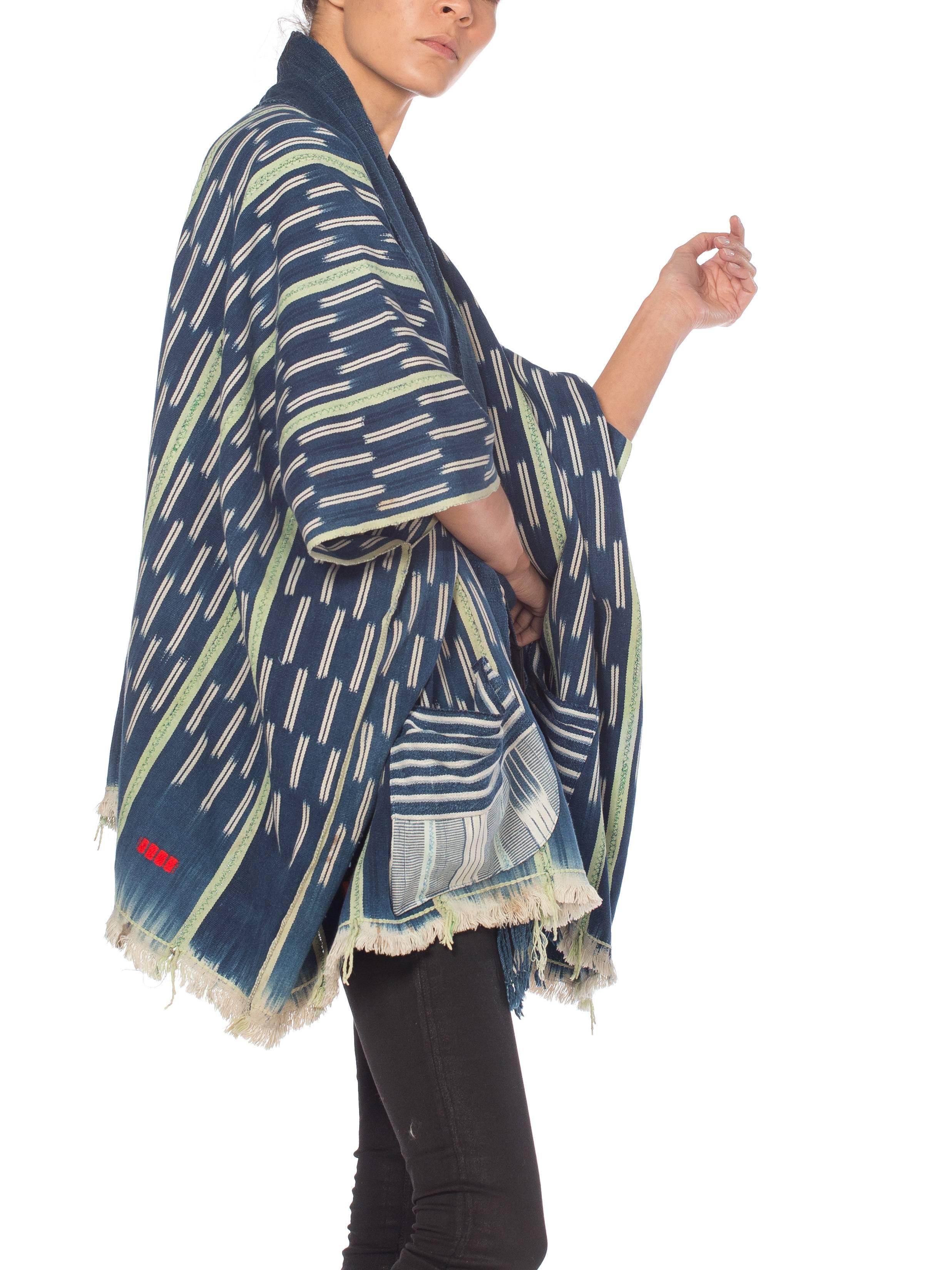 MORPHEW COLLECTION Indigo Blue & Green Cotton Handwoven African Oversized Ponch 7