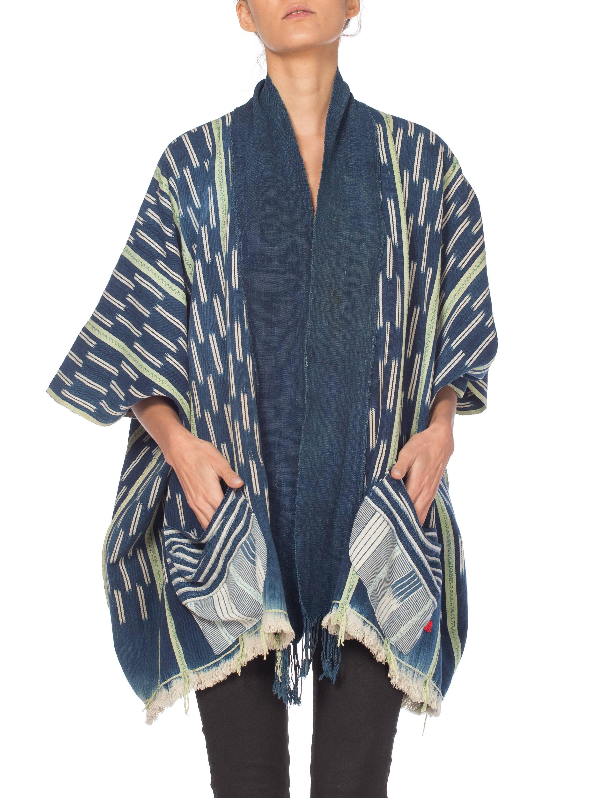 Purple MORPHEW COLLECTION Indigo Blue & Green Cotton Handwoven African Oversized Ponch