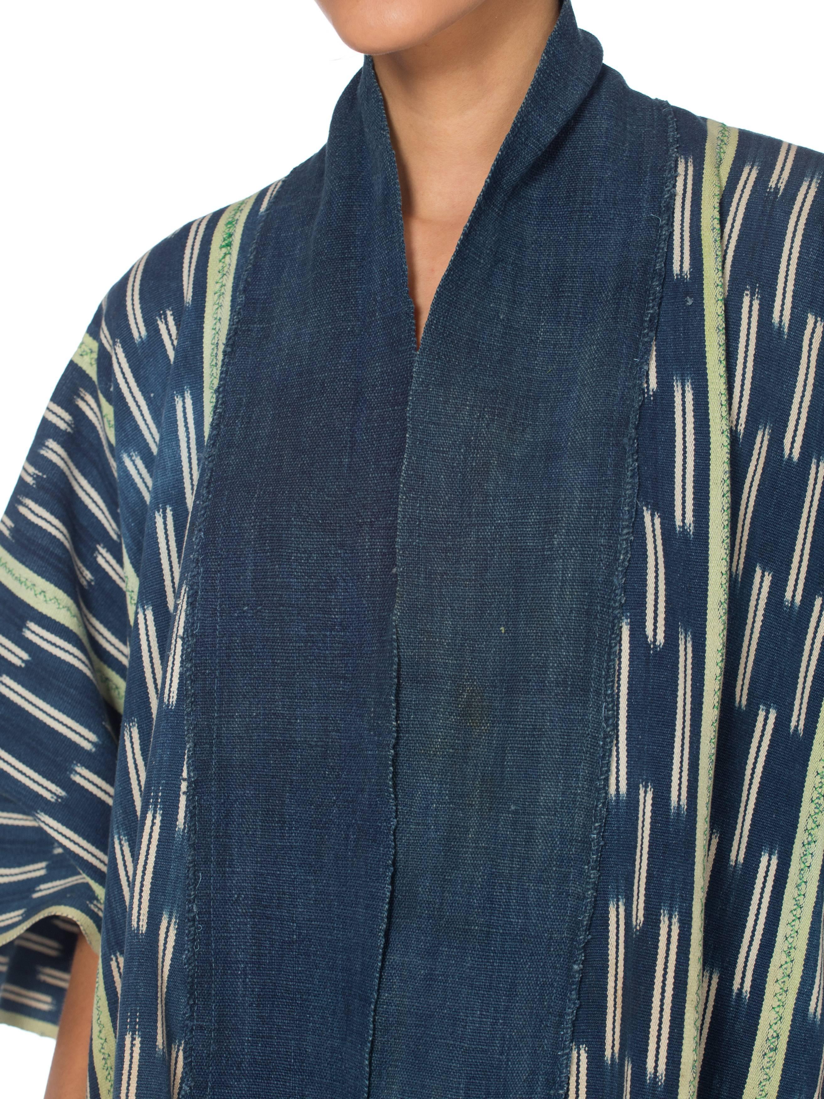 MORPHEW COLLECTION Indigo Blue & Green Cotton Handwoven African Oversized Ponch In Excellent Condition In New York, NY