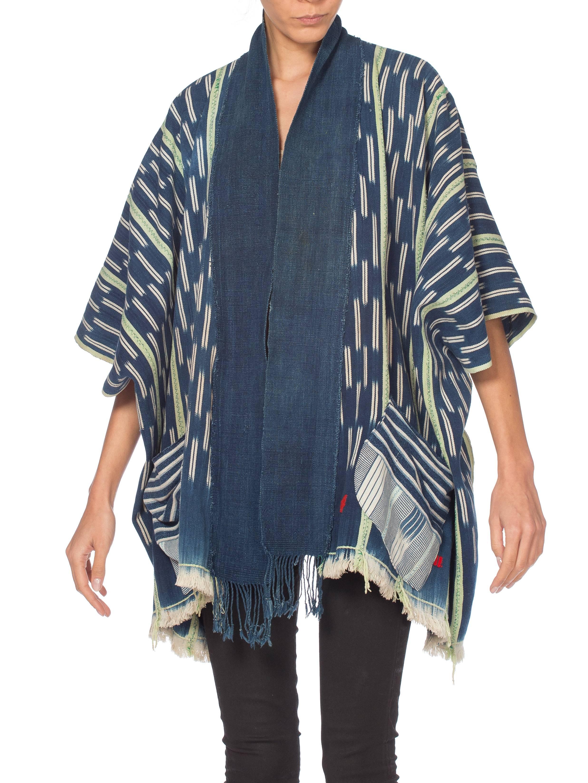 MORPHEW COLLECTION Indigo Blue & Green Cotton Handwoven African Oversized Ponch 3