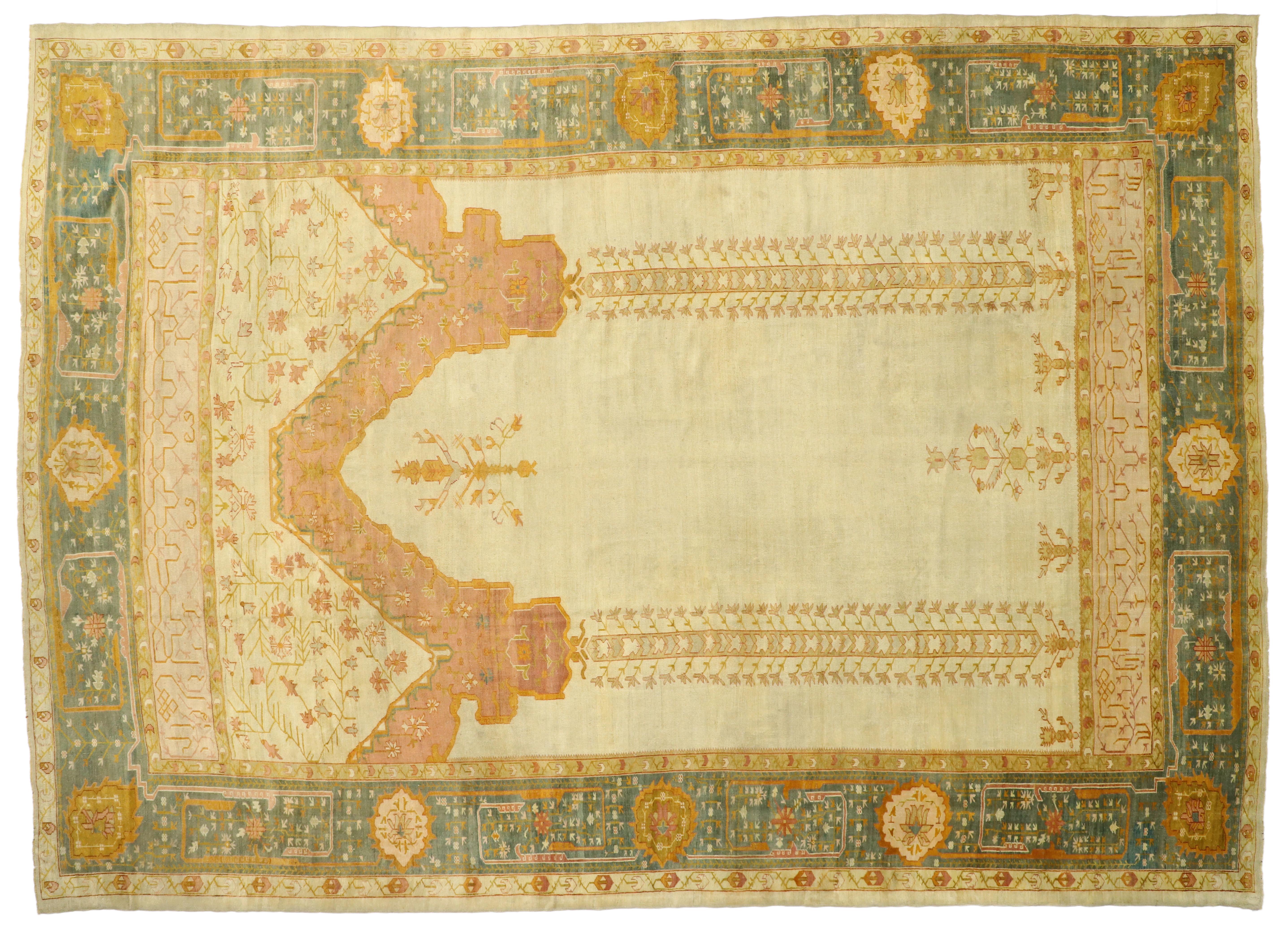 19th Century 1880s Oversized Antique Turkish Oushak Rug, West Anatolian Prayer Rug For Sale