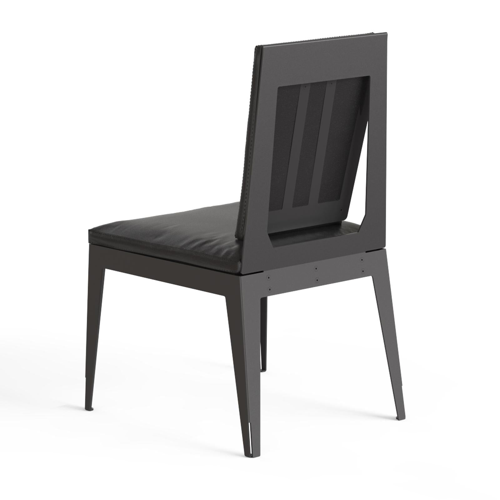 Dining chair, satin black or white metal structure (aluminum) with black leather upholstery.

The 