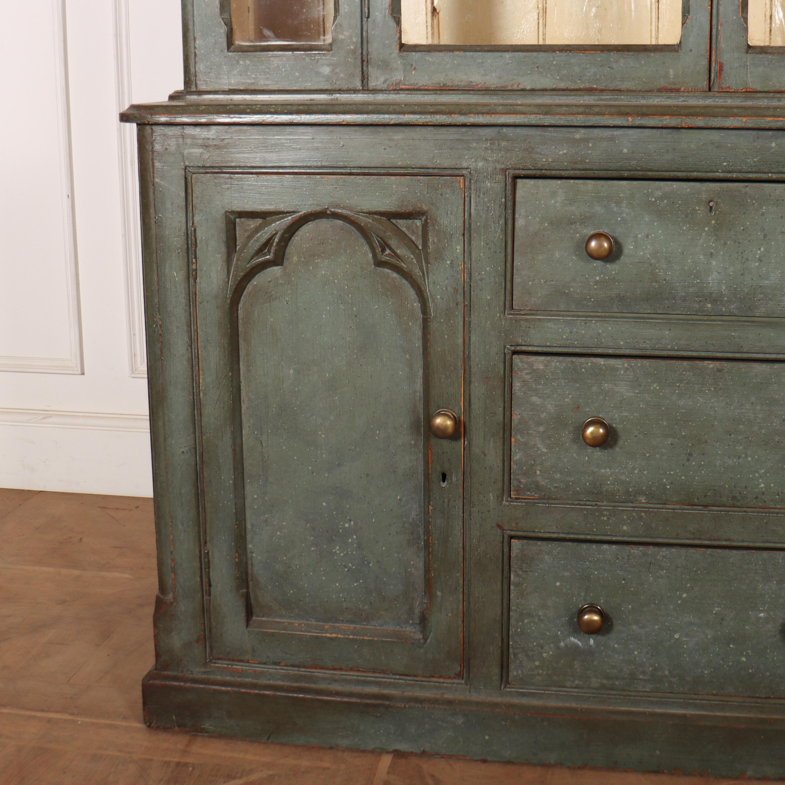 Pretty 19th C West Country gothic glazed dresser. 1850.

Internal shelf depth in top section is 10.5