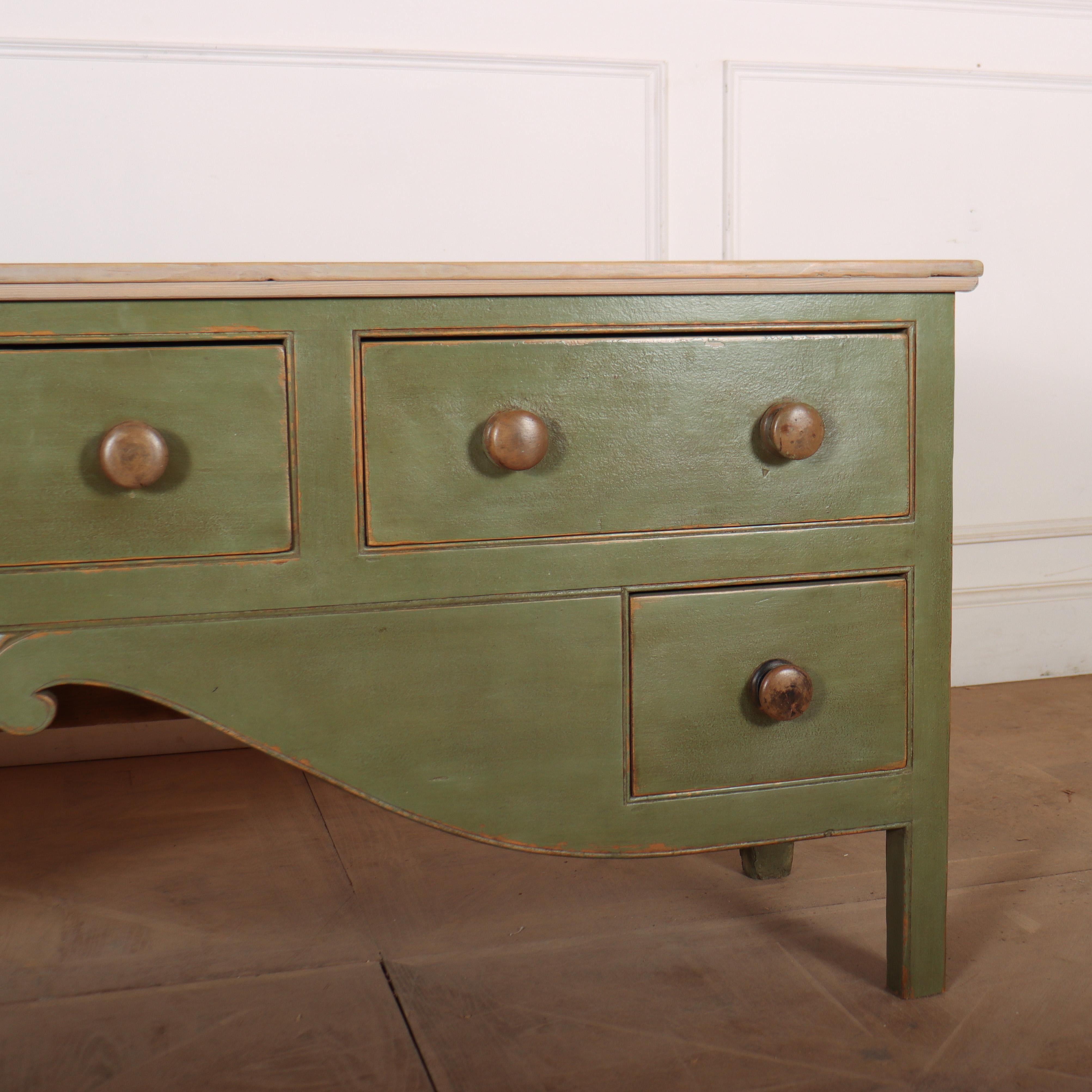 Early 19th century West Country painted dresser base of an unusual form. 1820.

Code: 8642

Dimensions:
W: 62