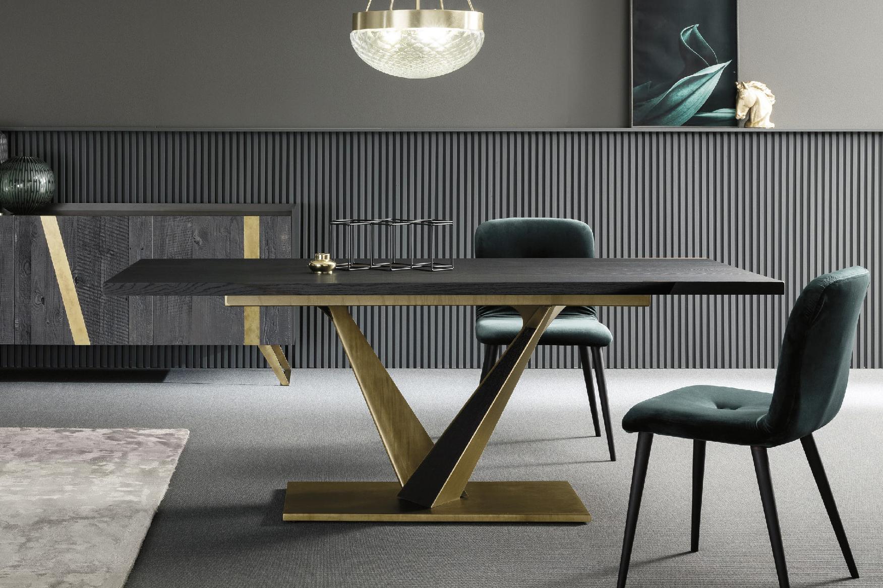West dining table is an elegant contemporary addition to the living room. The sculptural metal base features bronzed angled metal supports filled with solid wood to match the tabletop. 

The tabletop, available in several kinds of wood and