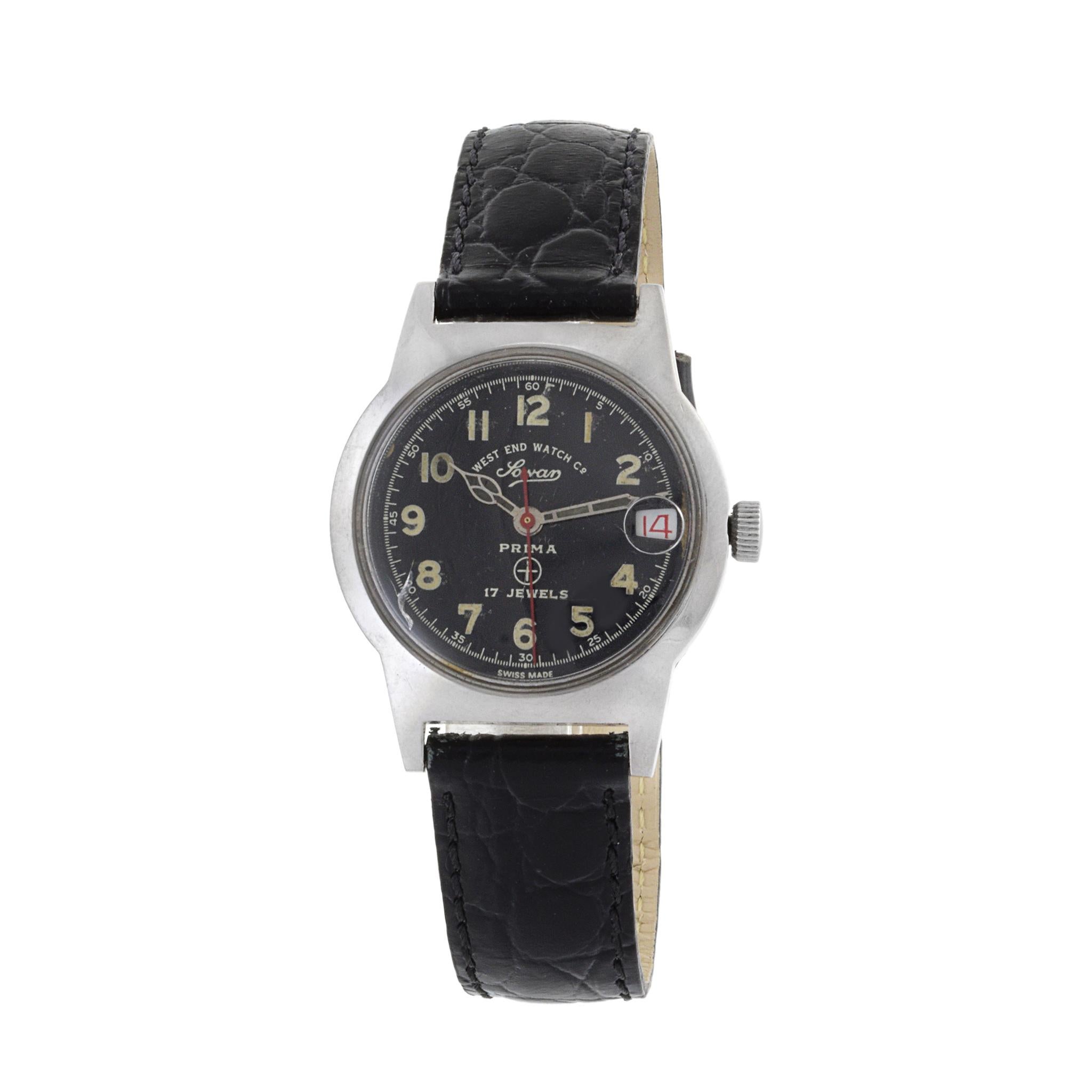 This is a rare mint condition West End Watch Co. Sowar military watch. This watch is powered by a 17 jewel Swiss manual wind movement. What contributes to its rarity is the fact that it has a date function which most military watches do not.

The