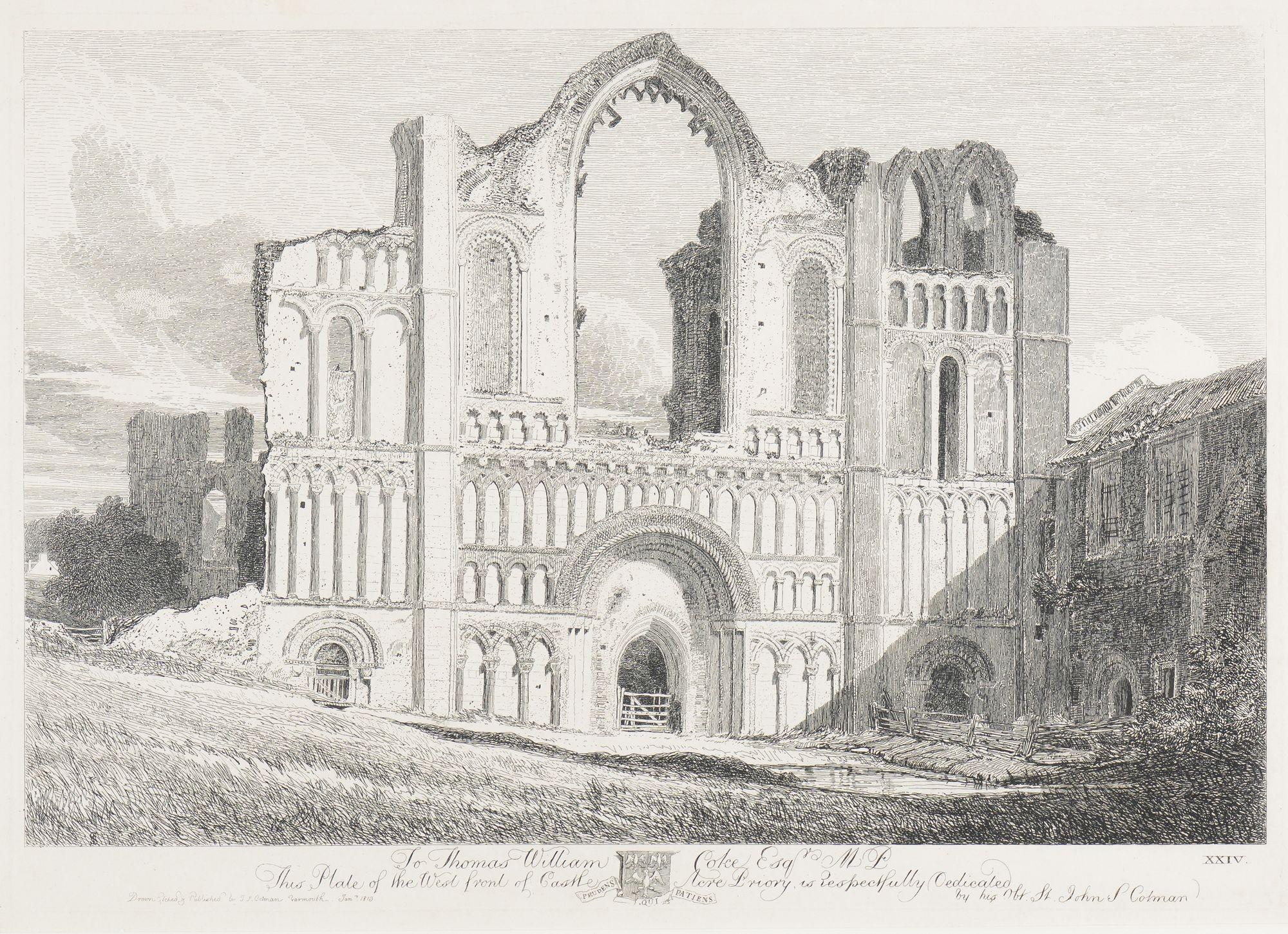 Gravure sur papier vergé d'une série d'églises normandes anglaises par John Sell Cotman.

L'inscription sur la plaque, en bas au centre de la marge, se lit comme suit : 