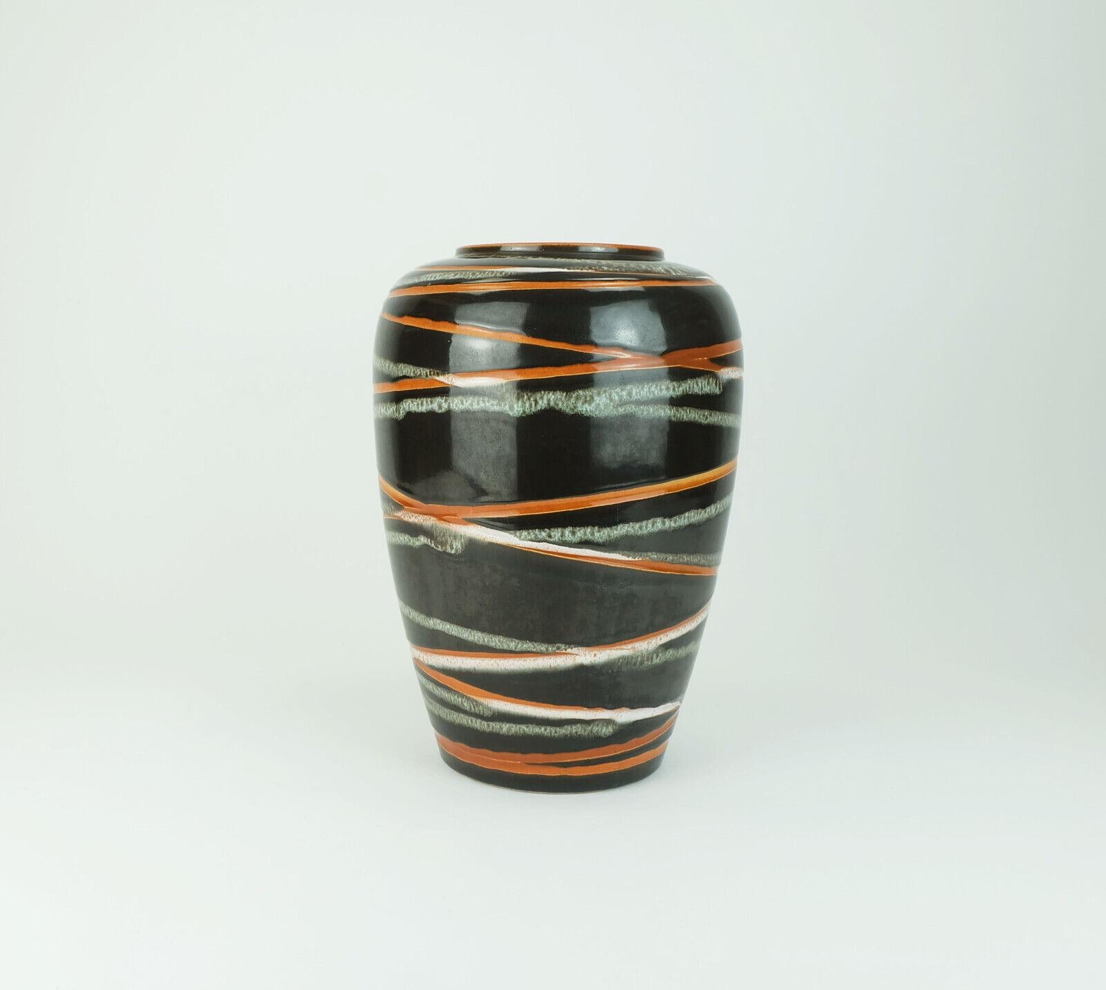 west german 1950s VASE scheurich model 239-30 stripe decor brown orange and whit For Sale 3