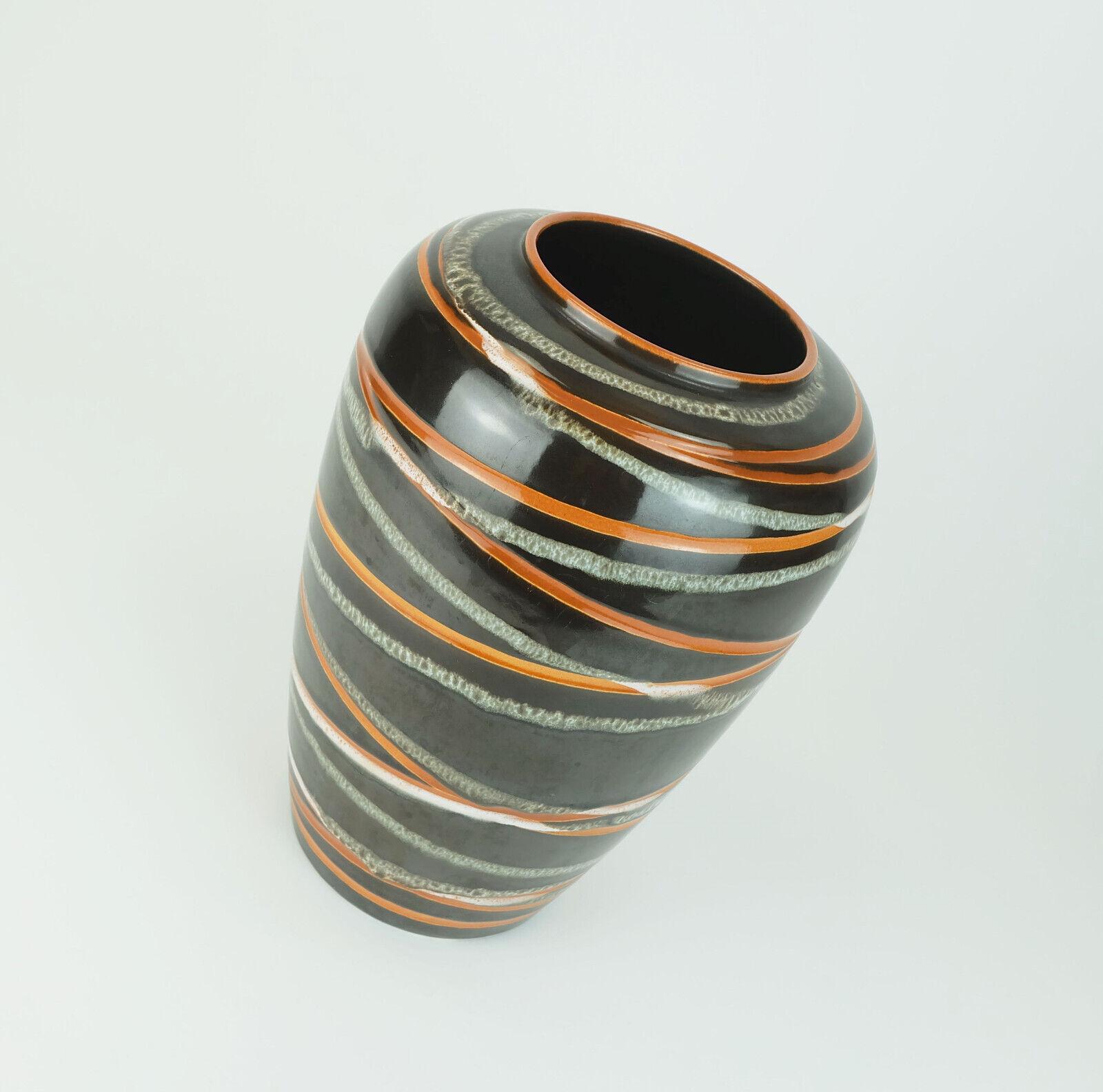 Ceramic west german 1950s VASE scheurich model 239-30 stripe decor brown orange and whit For Sale