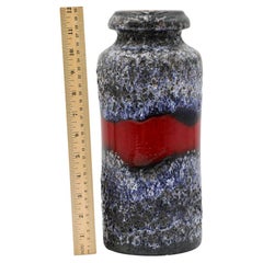West German Blue and Gray Glazed Ceramic Vase with Red Stripe
