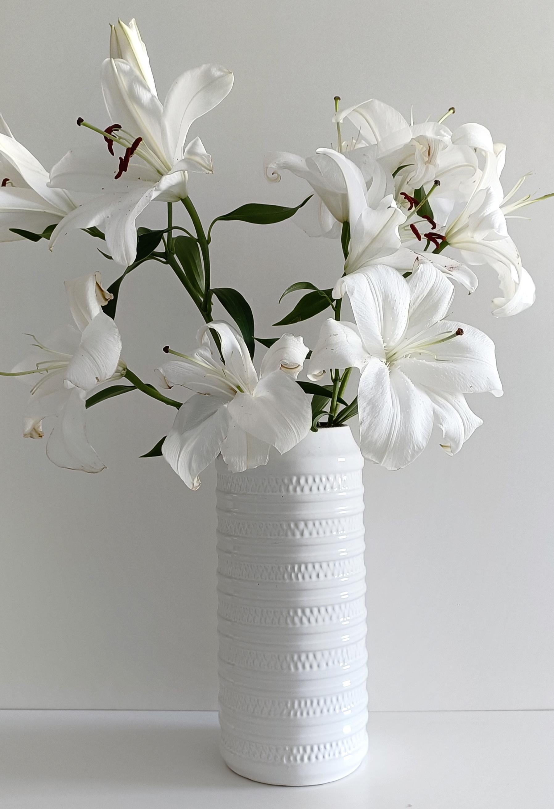 Vintage West Germany art pottery cylinder shaped ceramic vase by Carstens Tonnieshof. It  features a beautiful white glazed decor.

 Handmade in Germany circa the 1960s. 

Marked with distinctive C. Tonnieshof insignia and coded: E. 4-30 W.