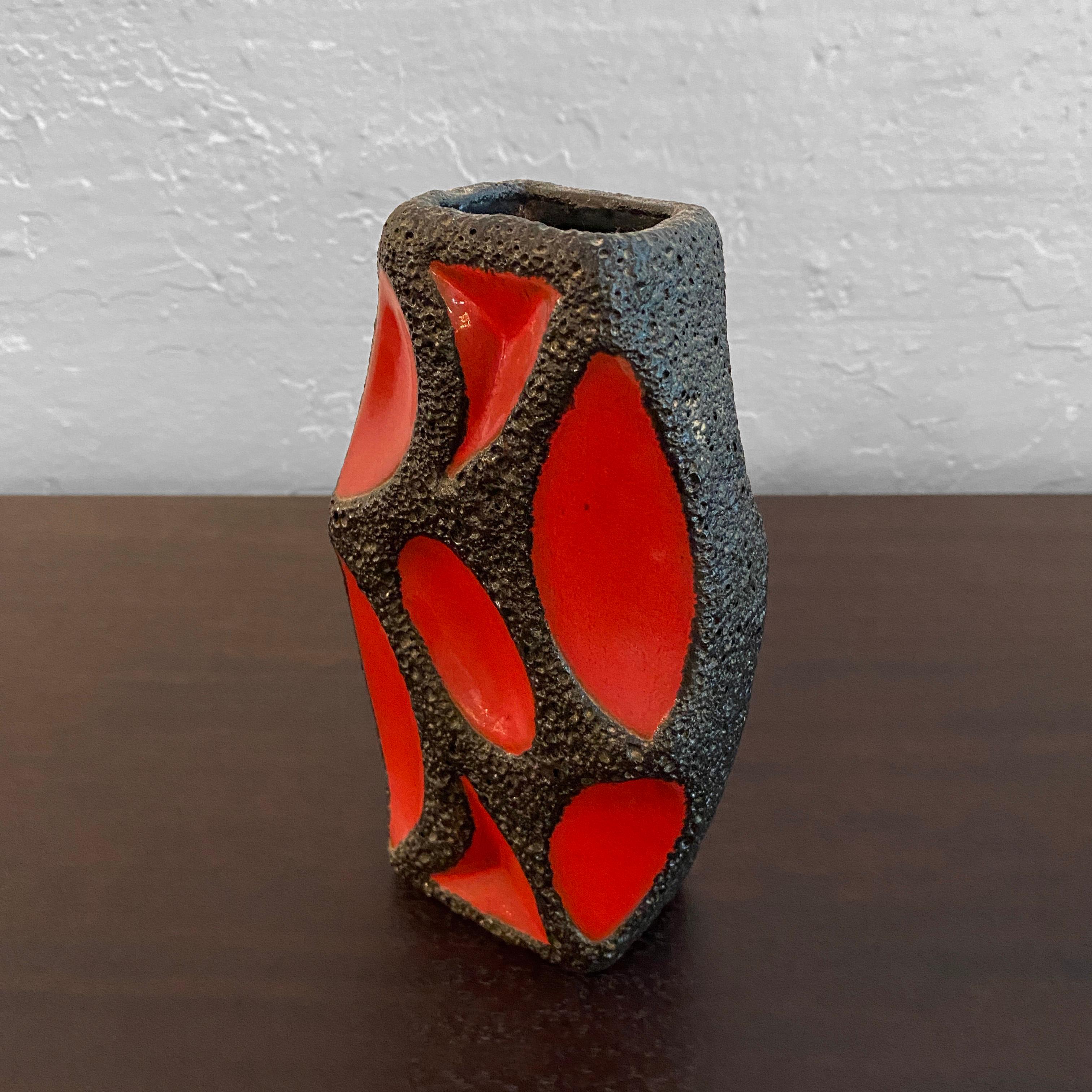 Petite, mid-century, West German, Fat Lava, art pottery, guitar vase by Roth Keramik in striking red and black.