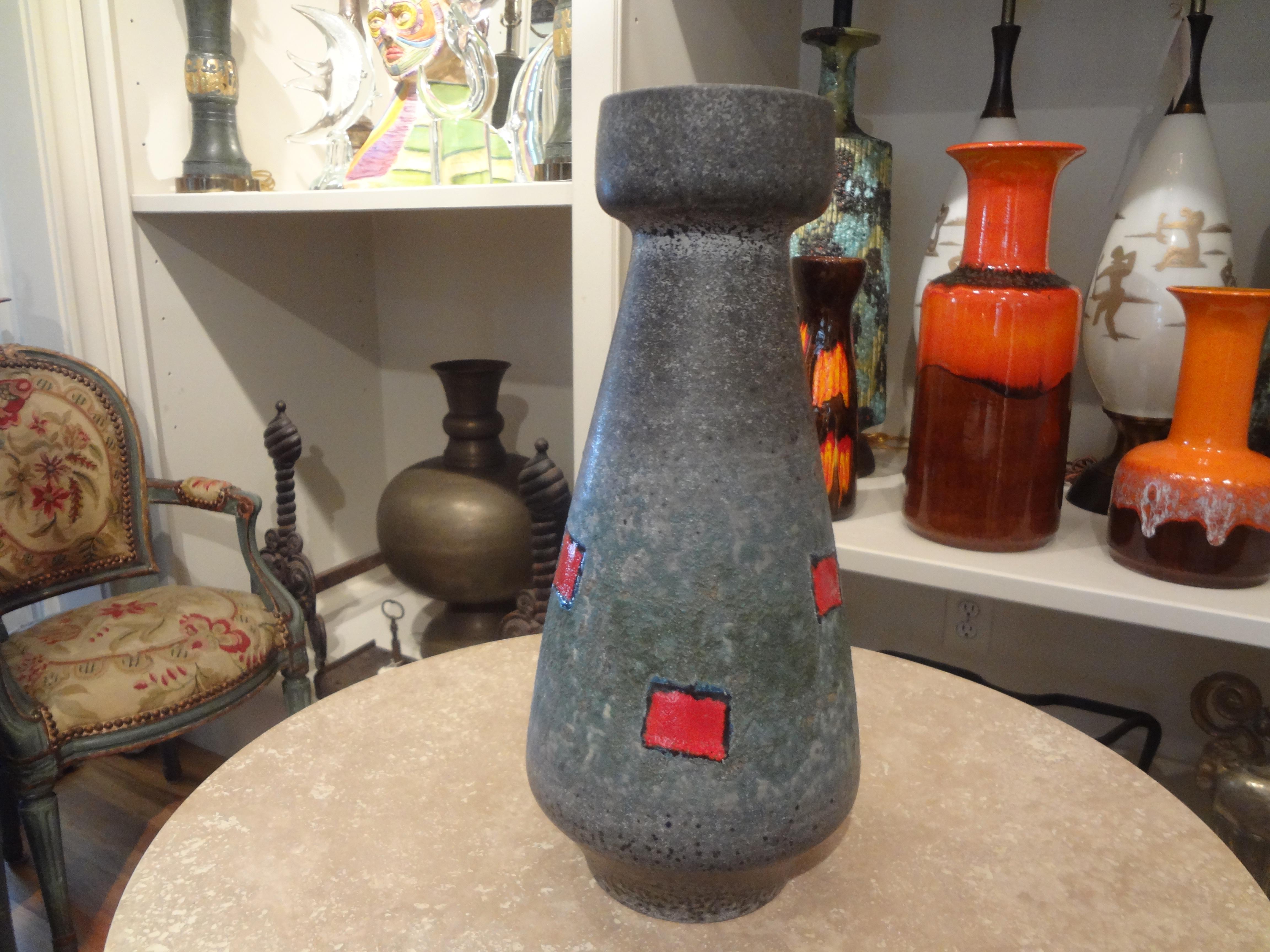 West German glazed pottery vase. This handsome vase has the most interesting geometric design with beautiful colors and matte glaze. Just one of our large collection!