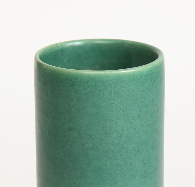 Glazed West German Green Cylindrical Ceramic Vessel For Sale