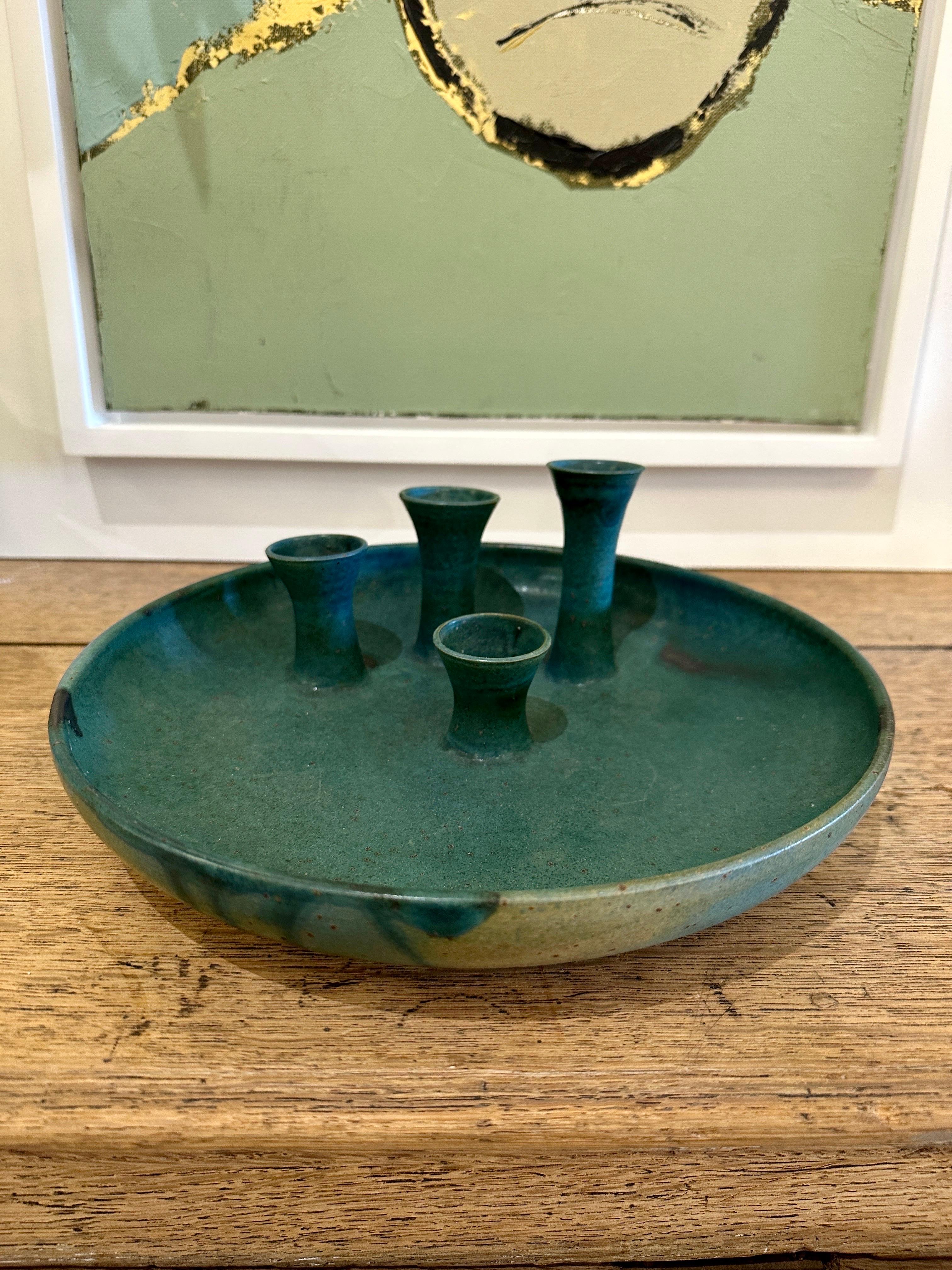 Mid-Century Modern West German Matte Green Pottery Bud Vase/ Bowl For Sale