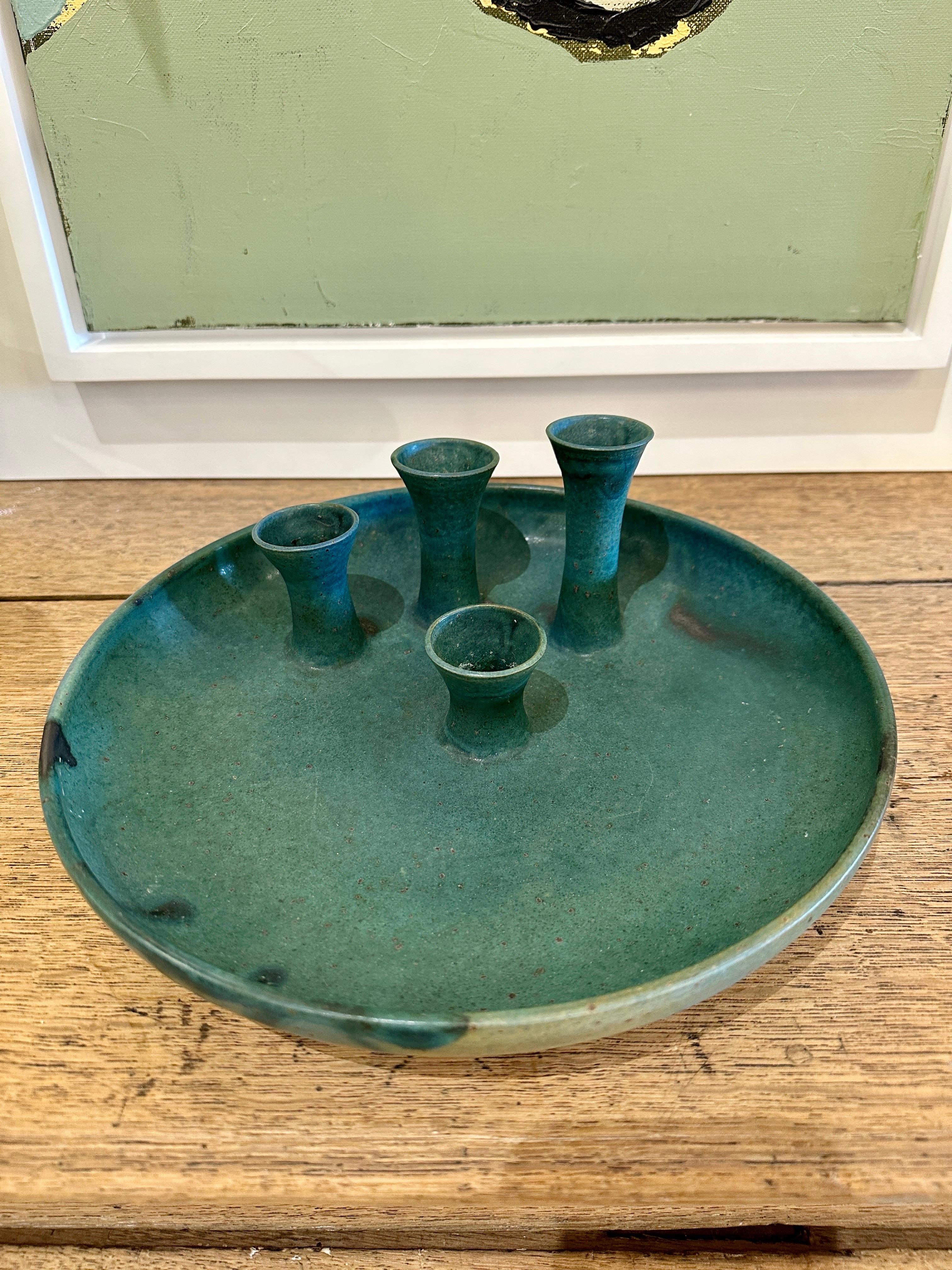 West German Matte Green Pottery Bud Vase/ Bowl For Sale 1