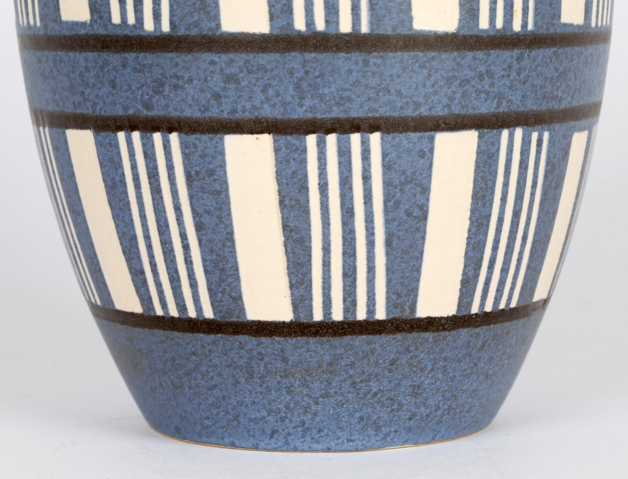 West German Mid-Century Blue Linear Patterned Art Pottery Vase 4
